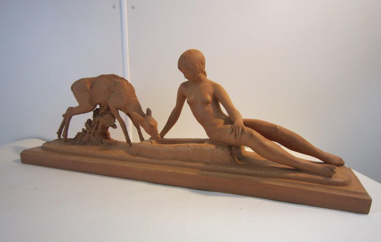 French Art Deco Terracotta Seated Nude with Fawn, Signed Ary Bitter For Sale 9