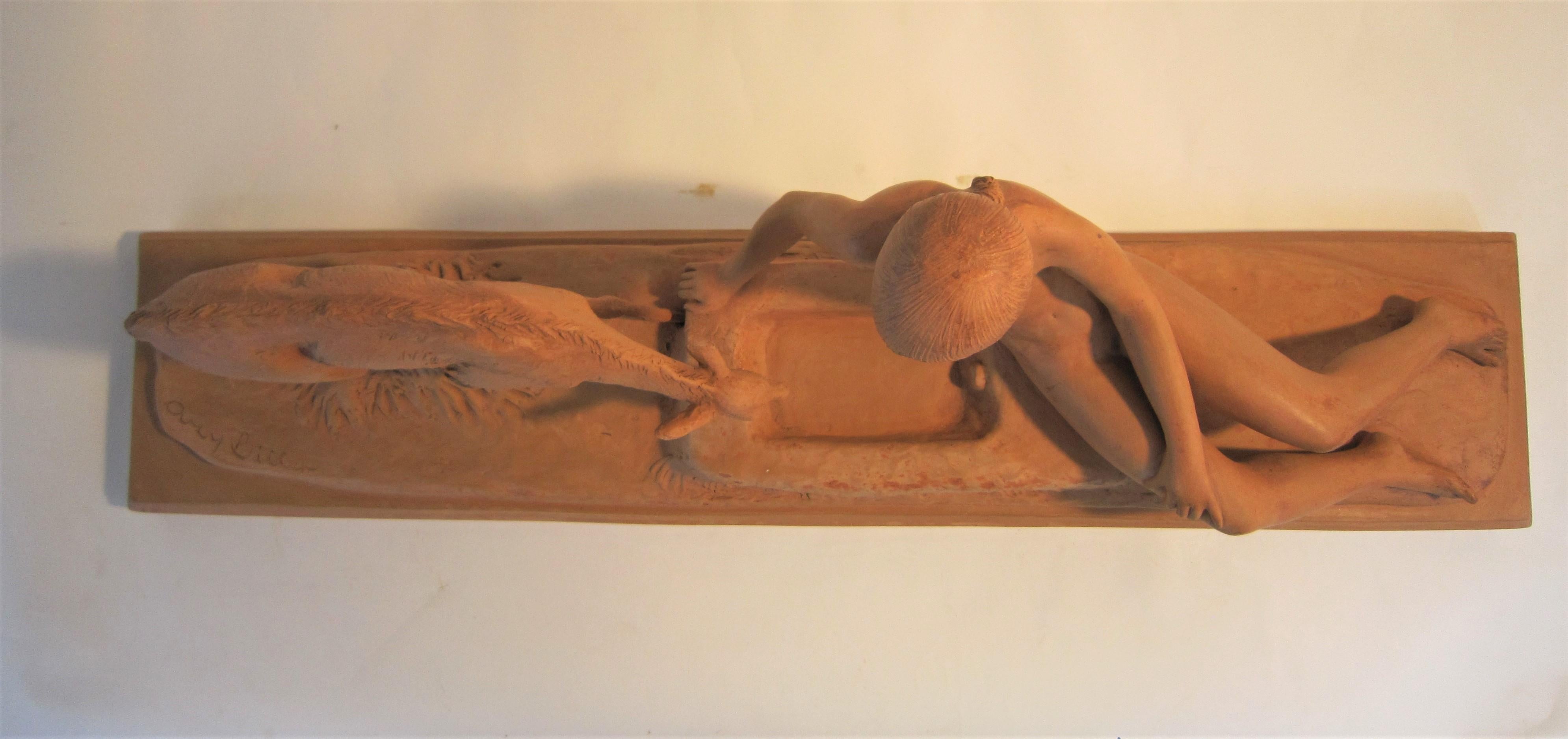French Art Deco Terracotta Seated Nude with Fawn, Signed Ary Bitter For Sale 1