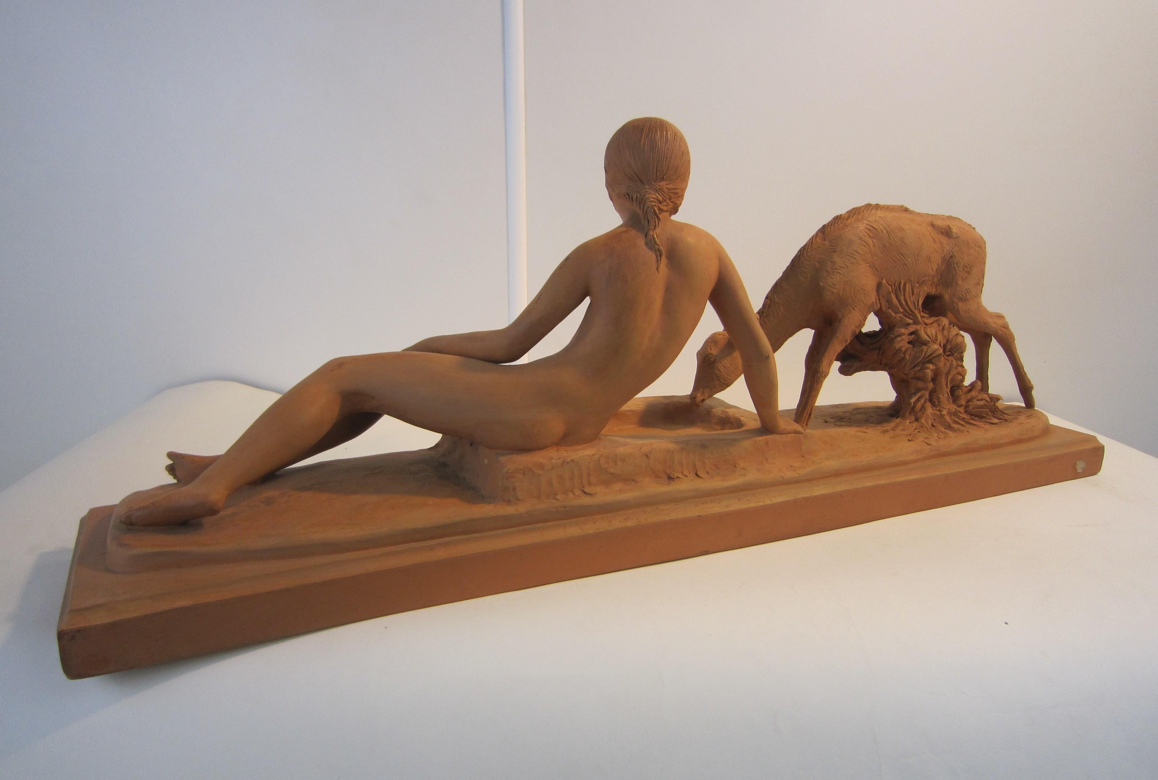 French Art Deco Terracotta Seated Nude with Fawn, Signed Ary Bitter For Sale 2
