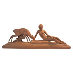 French Art Deco Terracotta Seated Nude with Fawn, Signed Ary Bitter