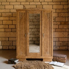 French Art Deco Three-Door Armoire, Bleached Oak, Mirror, 1930s