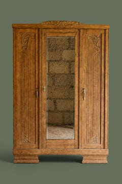 French Art Deco Three-Door Armoire, Bleached Oak, Mirror, 1930s