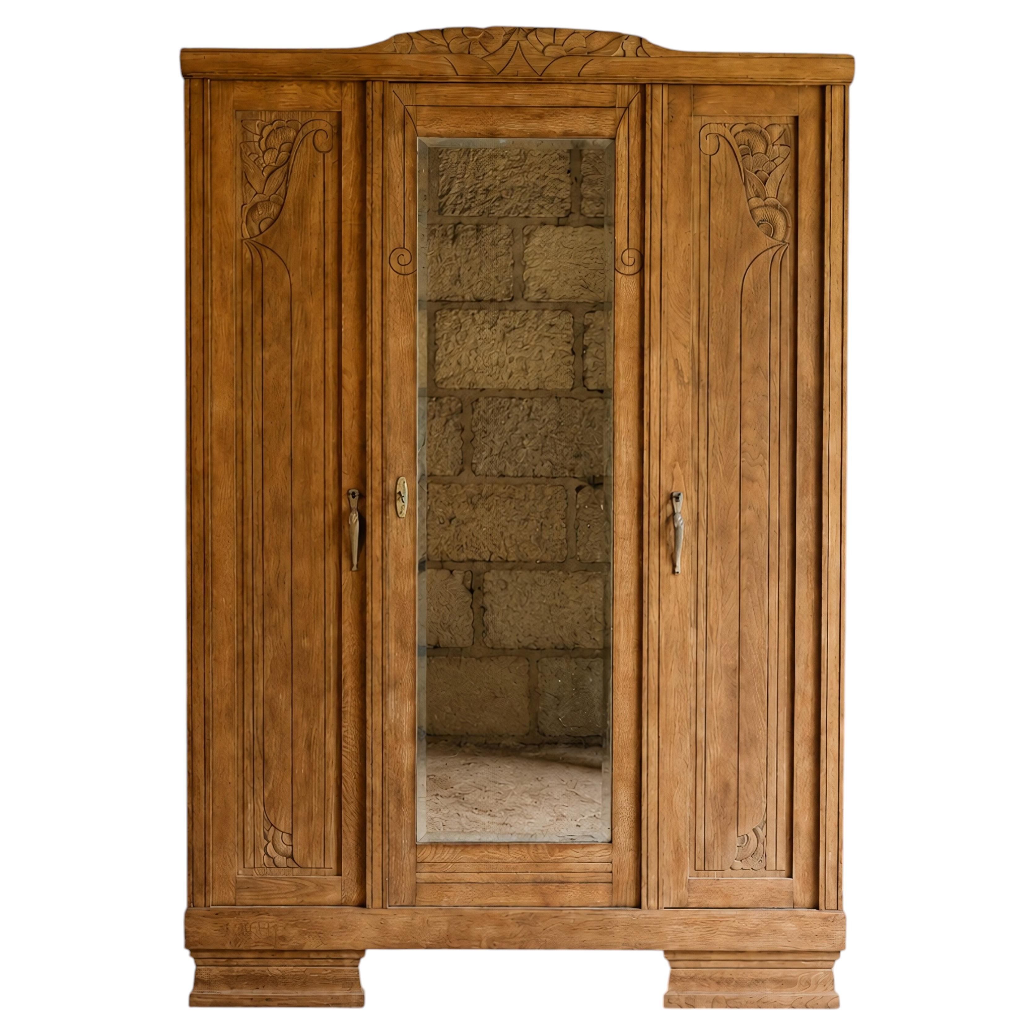 French Art Deco Three-Door Armoire, Bleached Oak, Mirror, 1930s