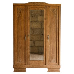 French Art Deco Three-Door Armoire, Bleached Oak, Mirror, 1930s