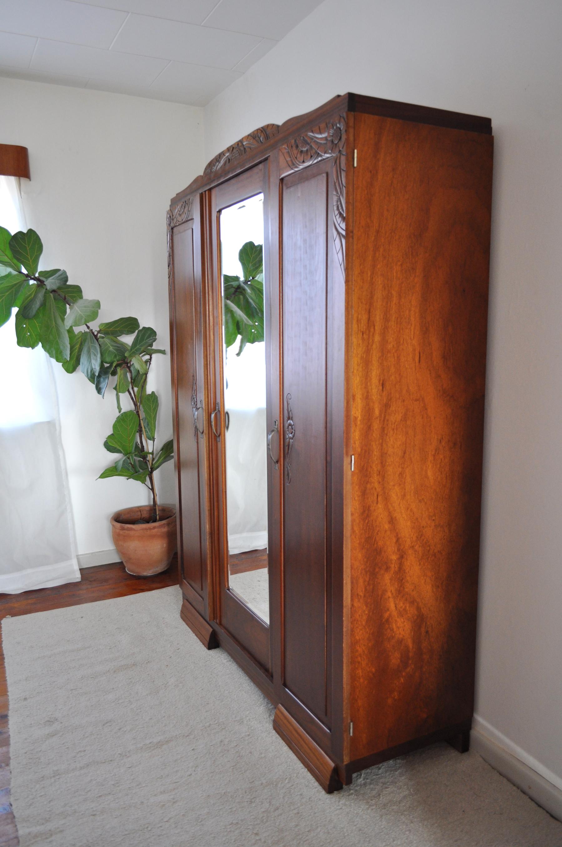 20th Century French Art Deco Three-Door Cabinet with Faceted Mirror For Sale
