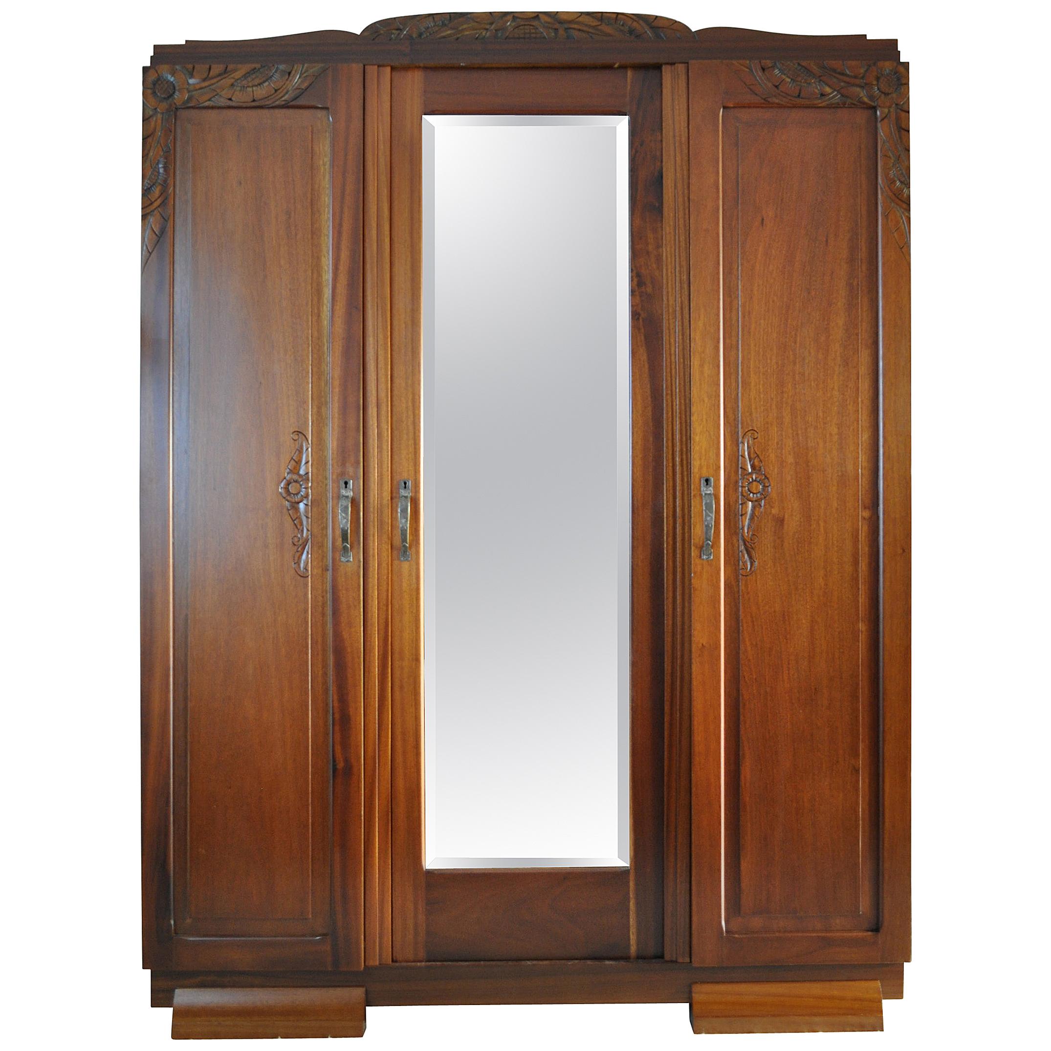 French Art Deco Three-Door Cabinet with Faceted Mirror For Sale