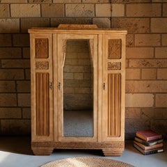 French Art Deco Three-Door Mirrored Armoire, Carved Exotic Wood, 1930s