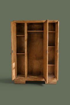 French Art Deco Three-Door Mirrored Armoire, Carved Exotic Wood, 1930s