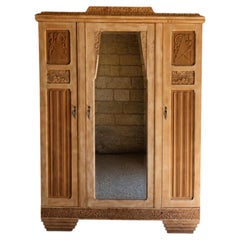 French Art Deco Three-Door Mirrored Armoire, Carved Exotic Wood, 1930s