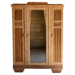 French Art Deco Three-Door Mirrored Armoire, Carved Exotic Wood, 1930s
