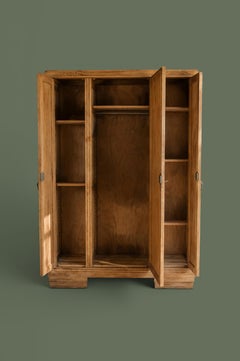 French Art Deco Three-Door Oak Armoire, Carved Florals, Beveled Mirror, 1930s
