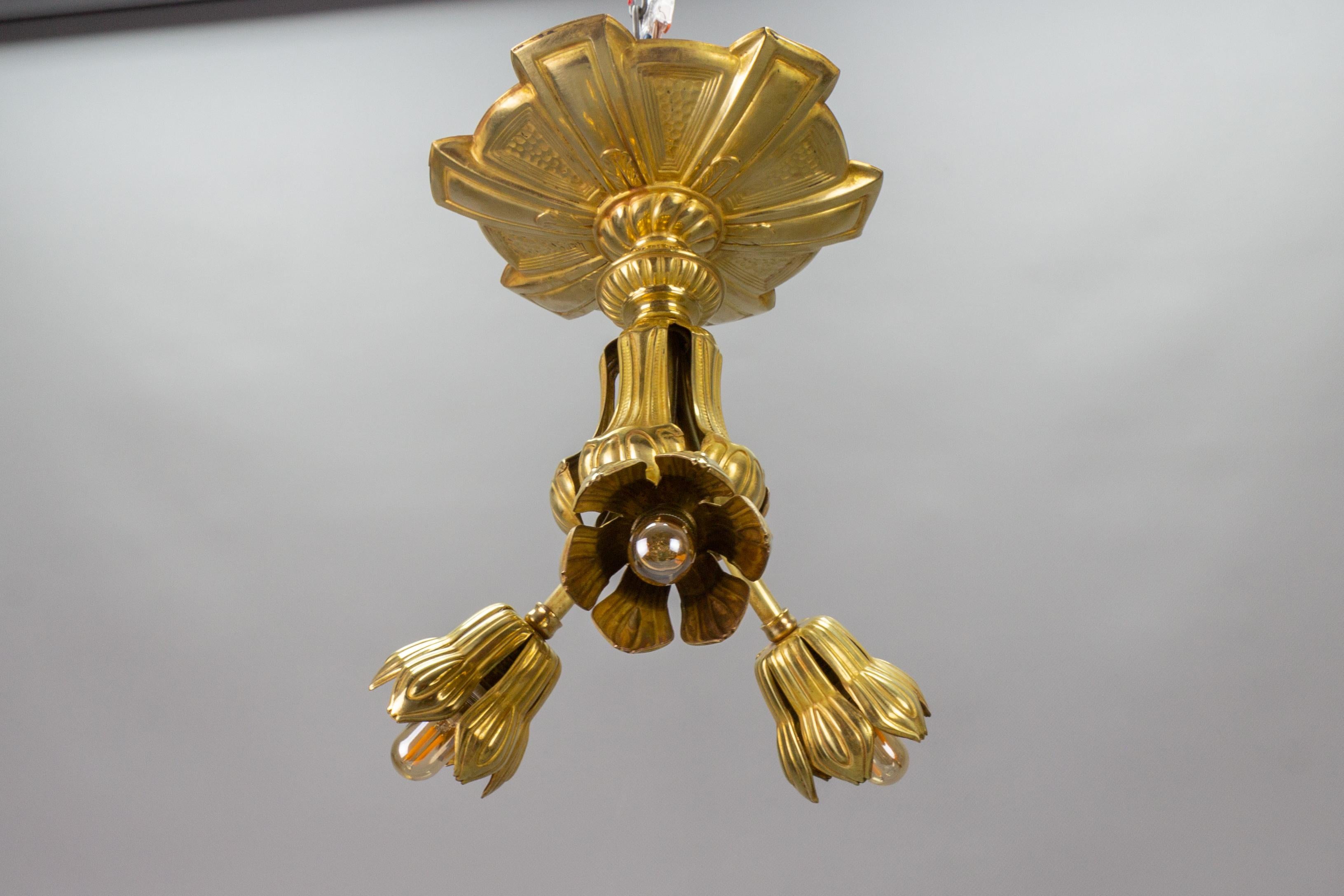  French Art Deco Three-Light Brass Ceiling Light Fixture, 1920s For Sale 6