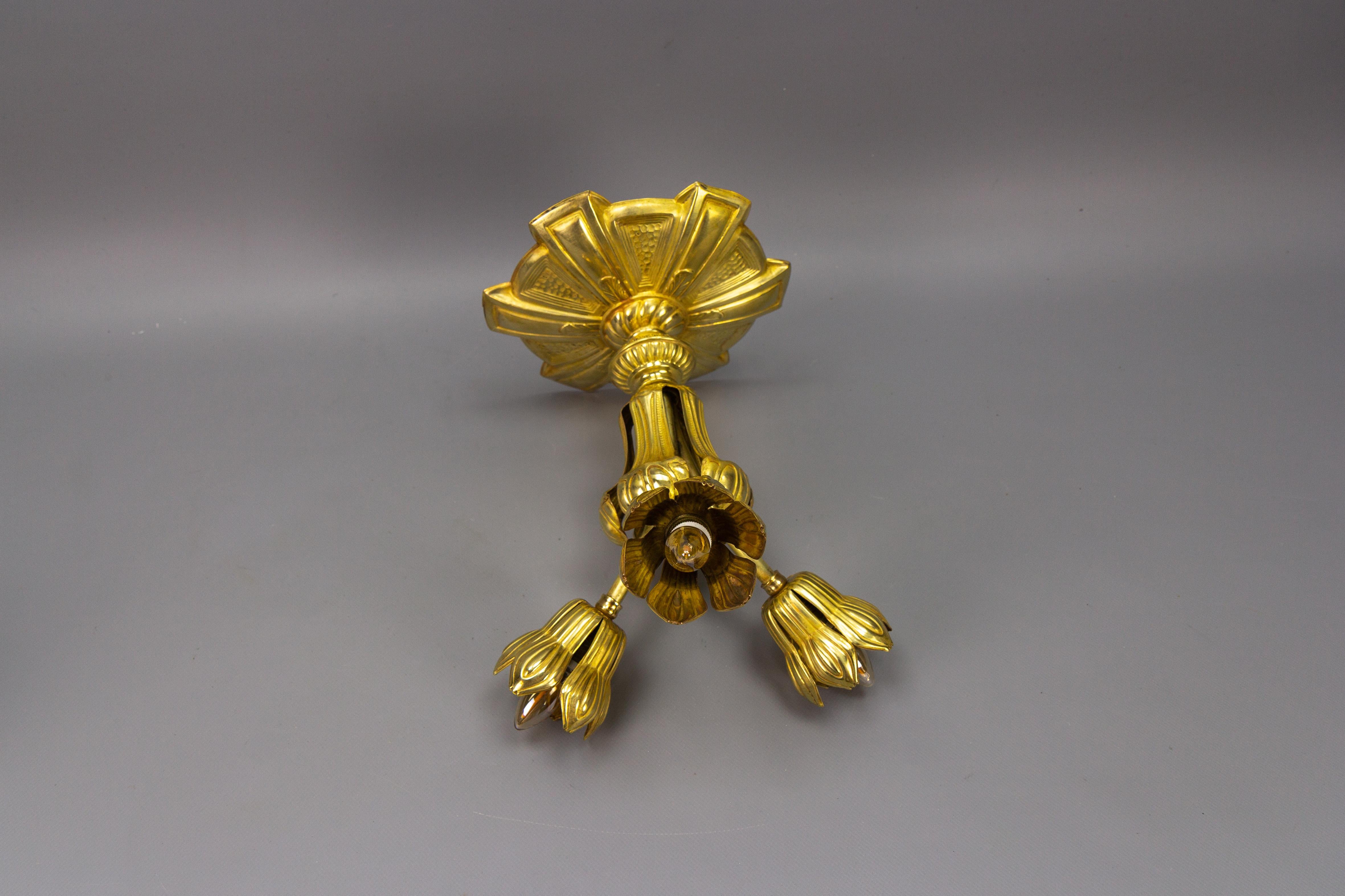  French Art Deco Three-Light Brass Ceiling Light Fixture, 1920s For Sale 9