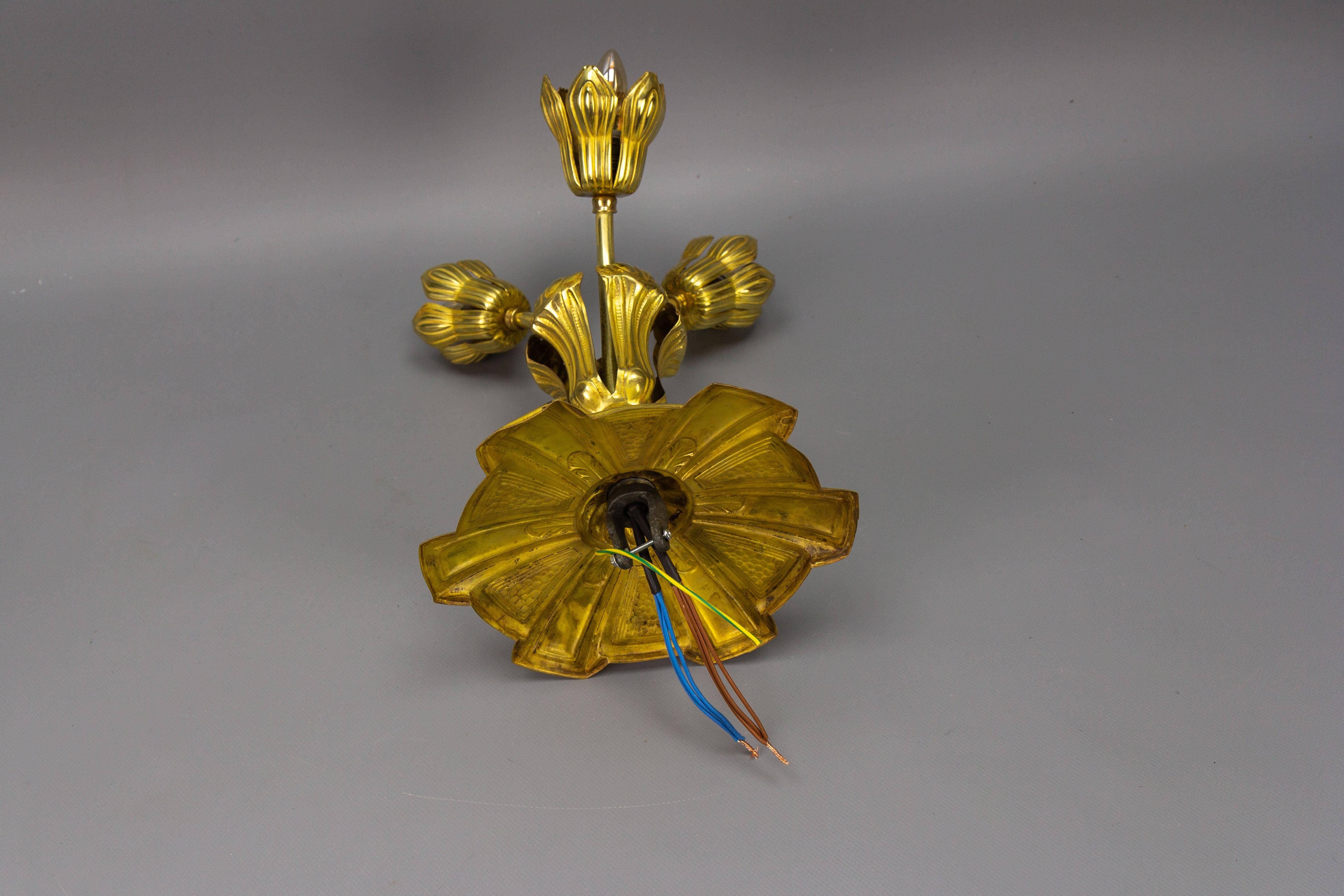  French Art Deco Three-Light Brass Ceiling Light Fixture, 1920s For Sale 11