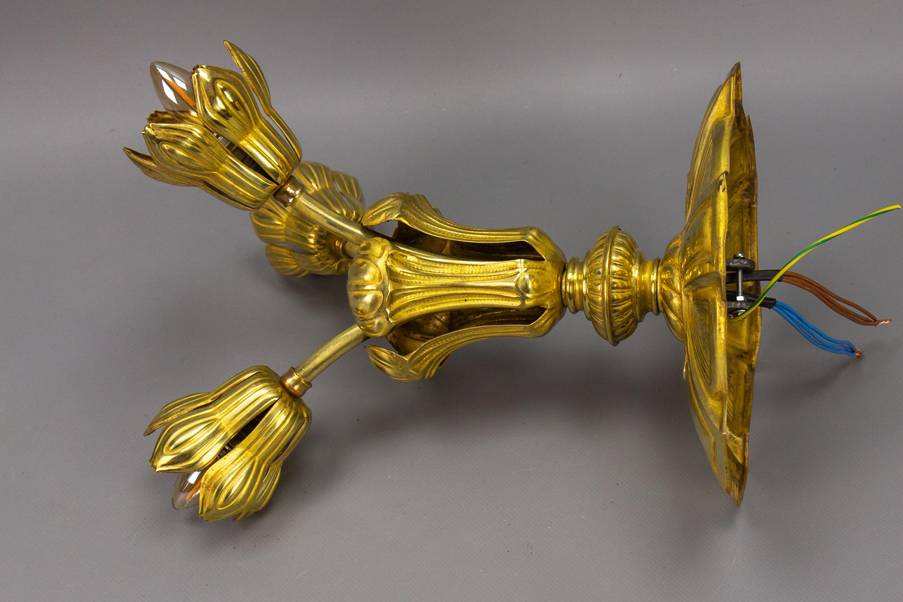  French Art Deco Three-Light Brass Ceiling Light Fixture, 1920s For Sale 12