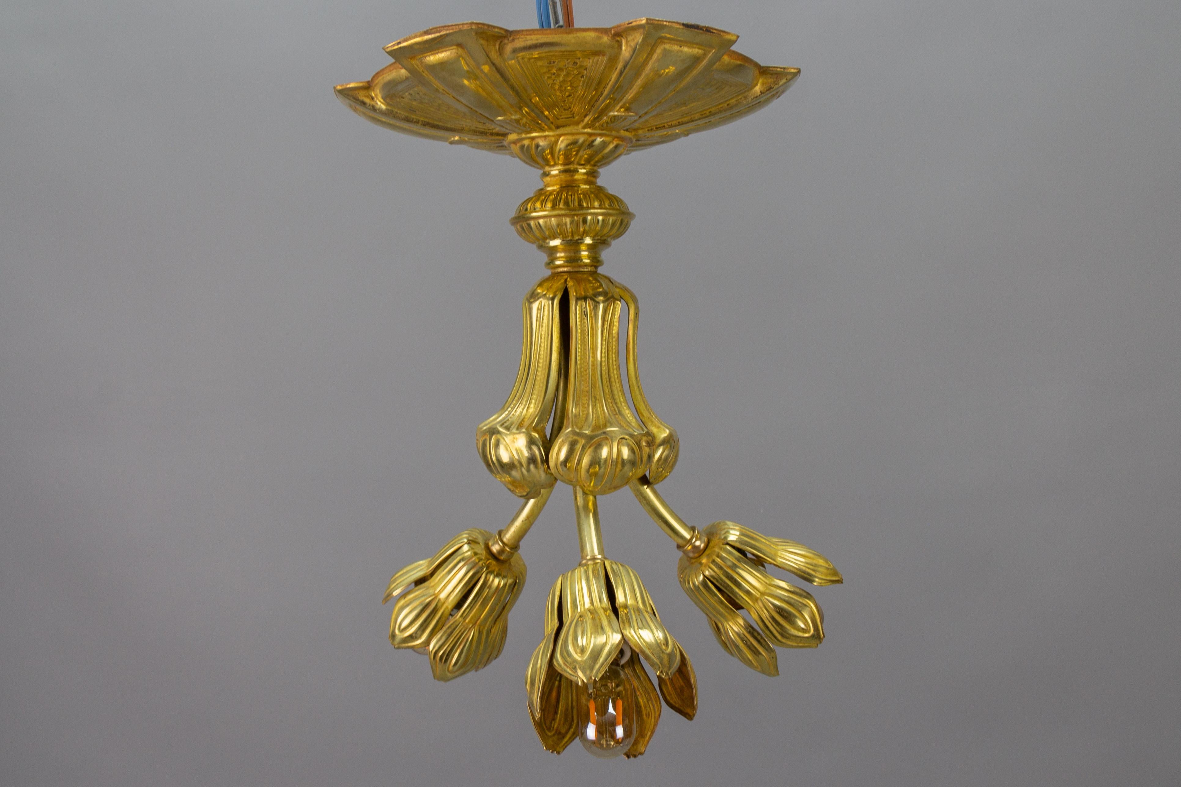 Early 20th Century  French Art Deco Three-Light Brass Ceiling Light Fixture, 1920s For Sale