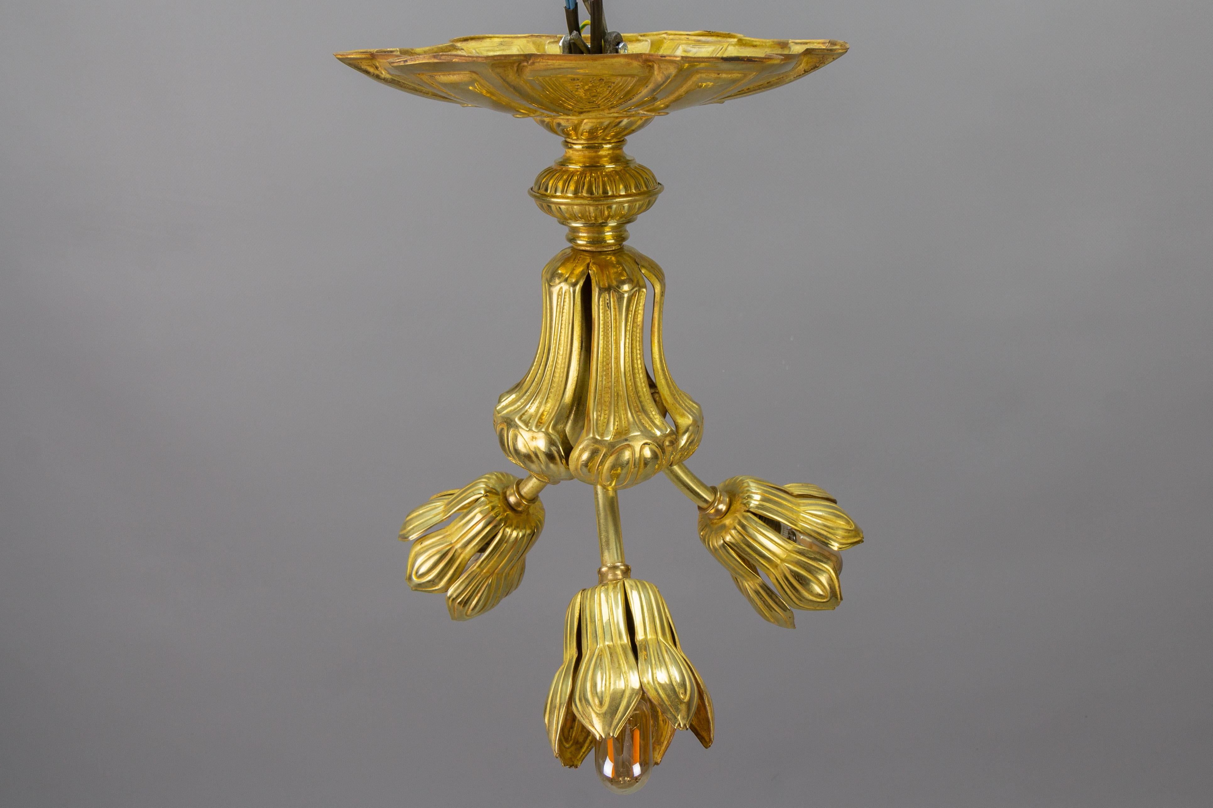  French Art Deco Three-Light Brass Ceiling Light Fixture, 1920s For Sale 1