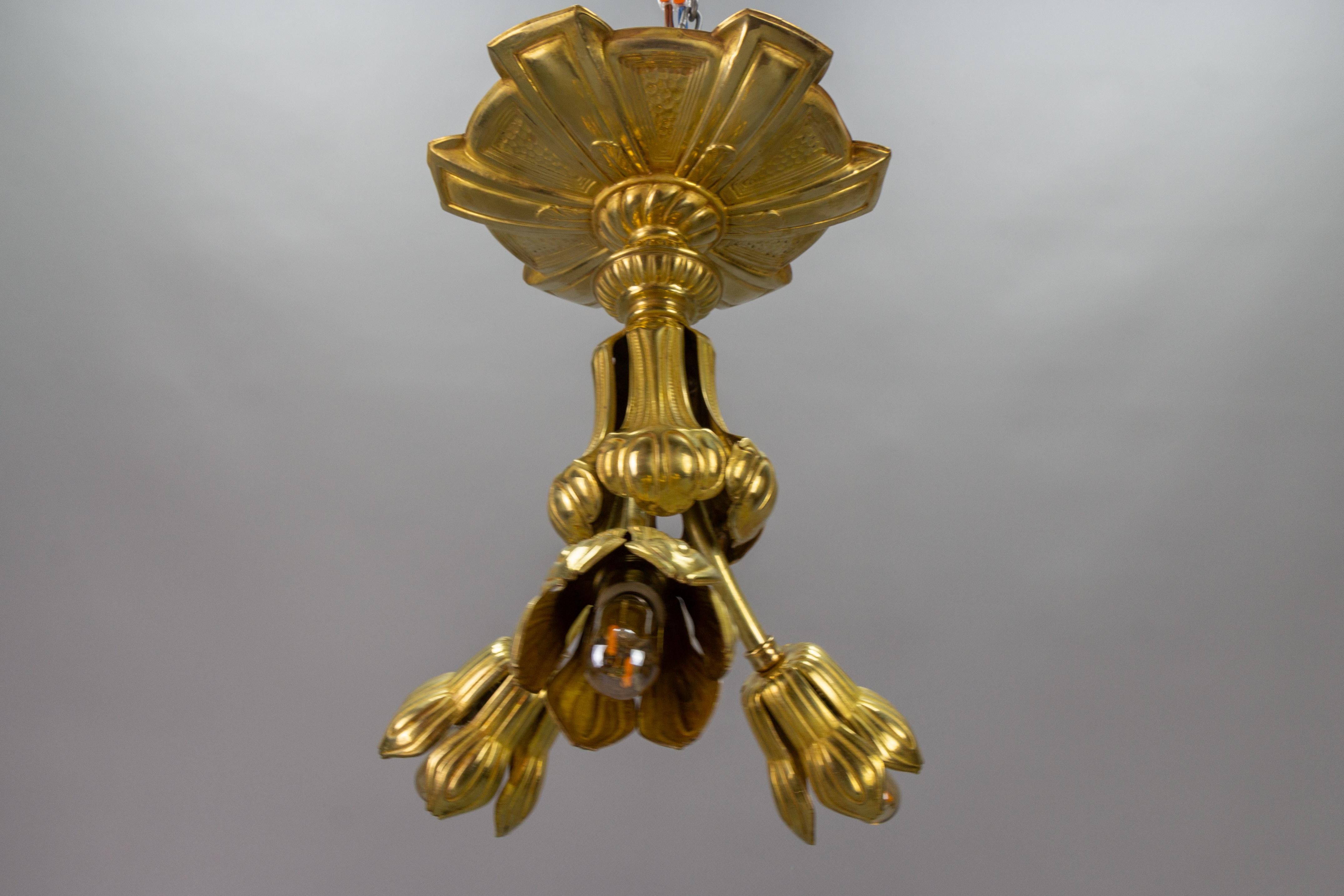  French Art Deco Three-Light Brass Ceiling Light Fixture, 1920s For Sale 2