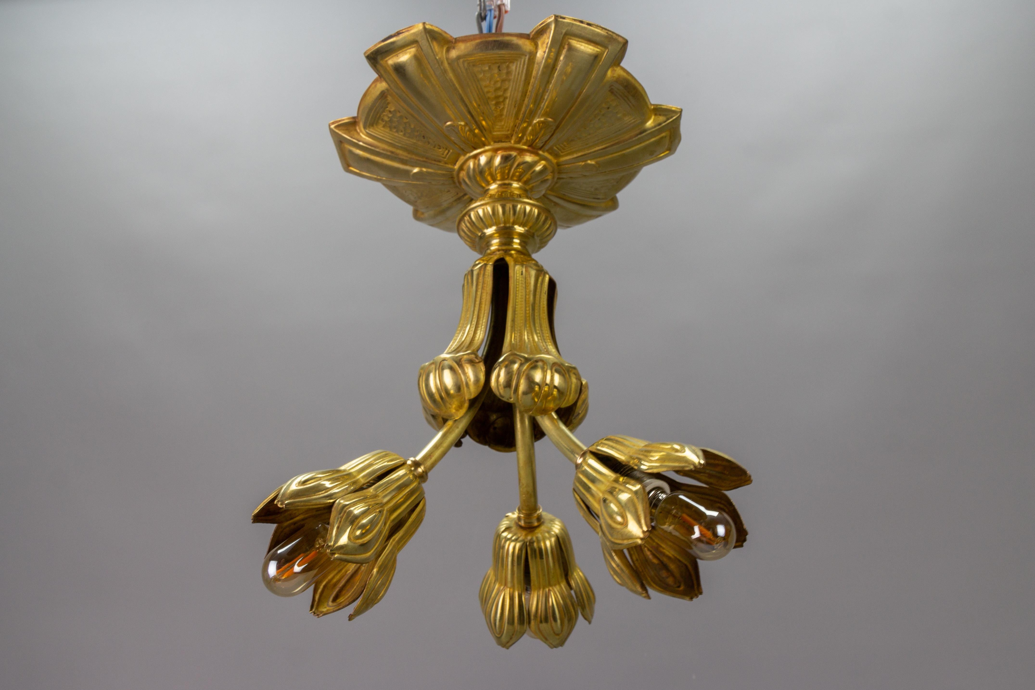  French Art Deco Three-Light Brass Ceiling Light Fixture, 1920s For Sale 3