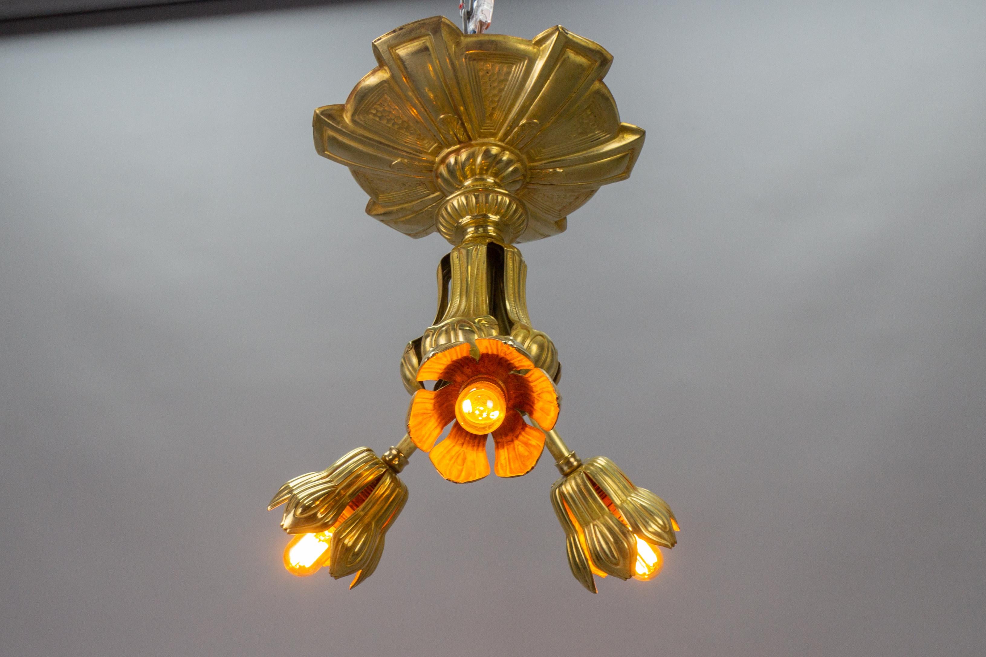  French Art Deco Three-Light Brass Ceiling Light Fixture, 1920s For Sale 5
