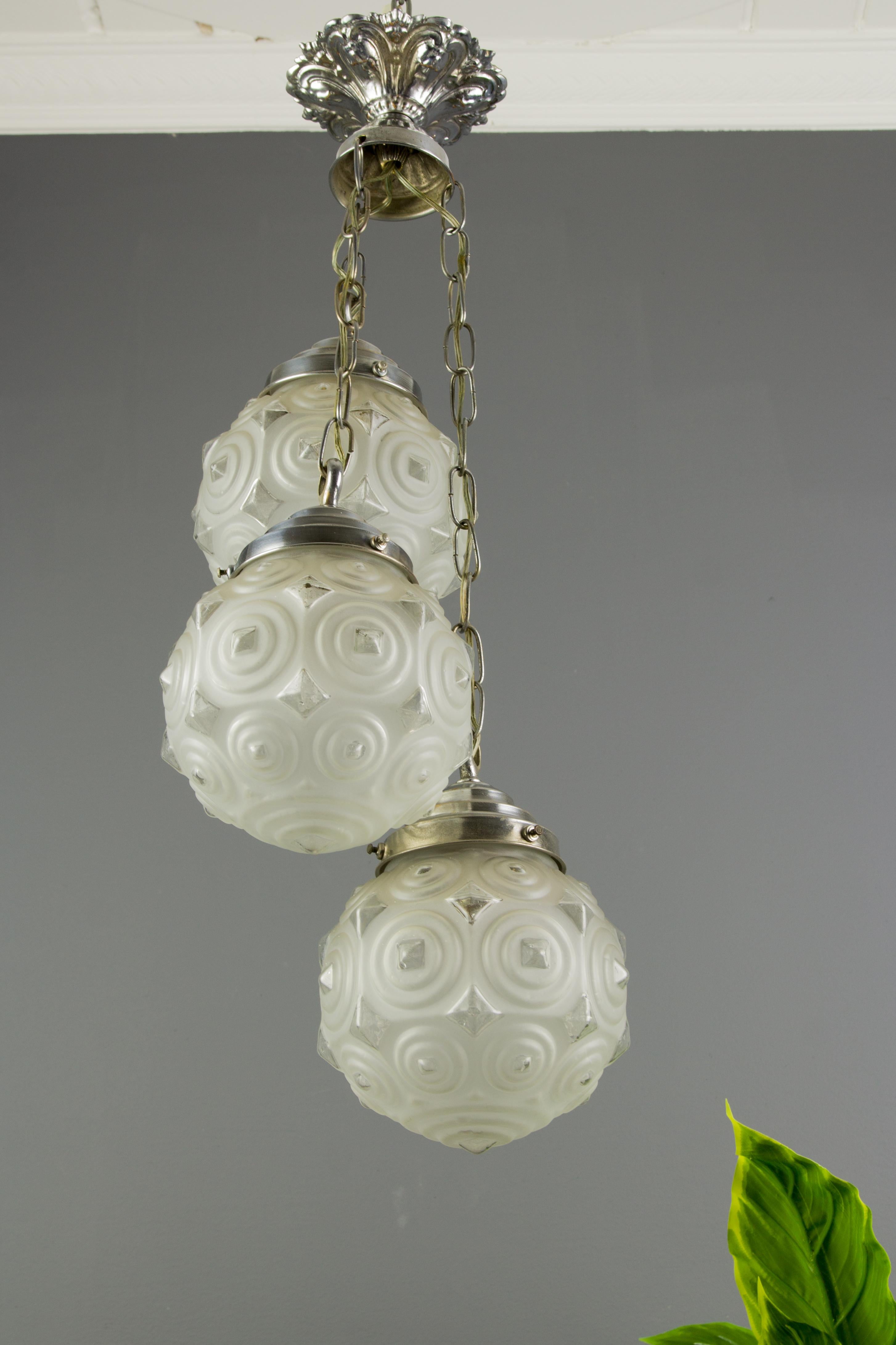 French Art Deco Three-Light Frosted Glass and Brass Cascade Pendant Light 4