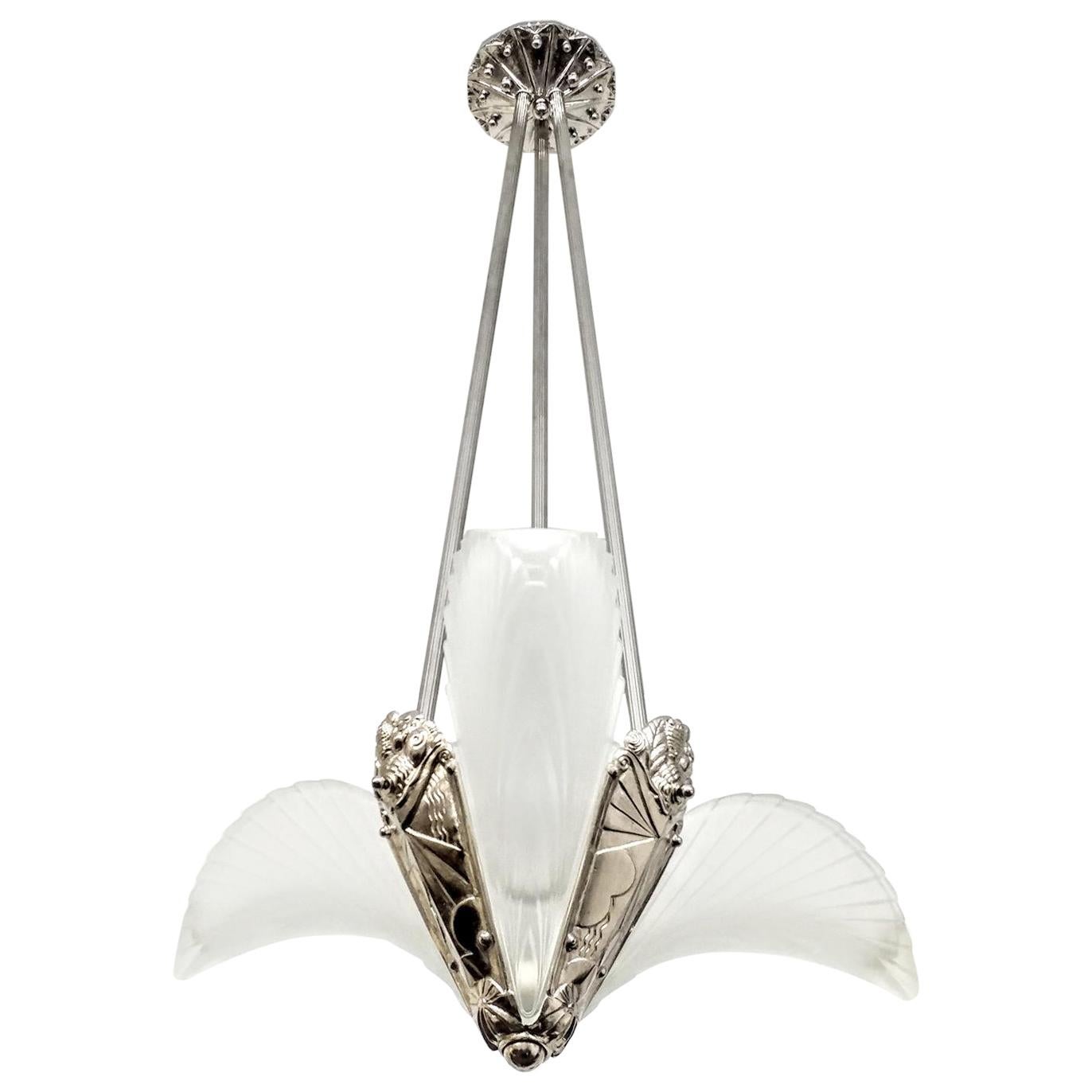 French Art Deco Three Panels Feather Pendant Chandelier For Sale