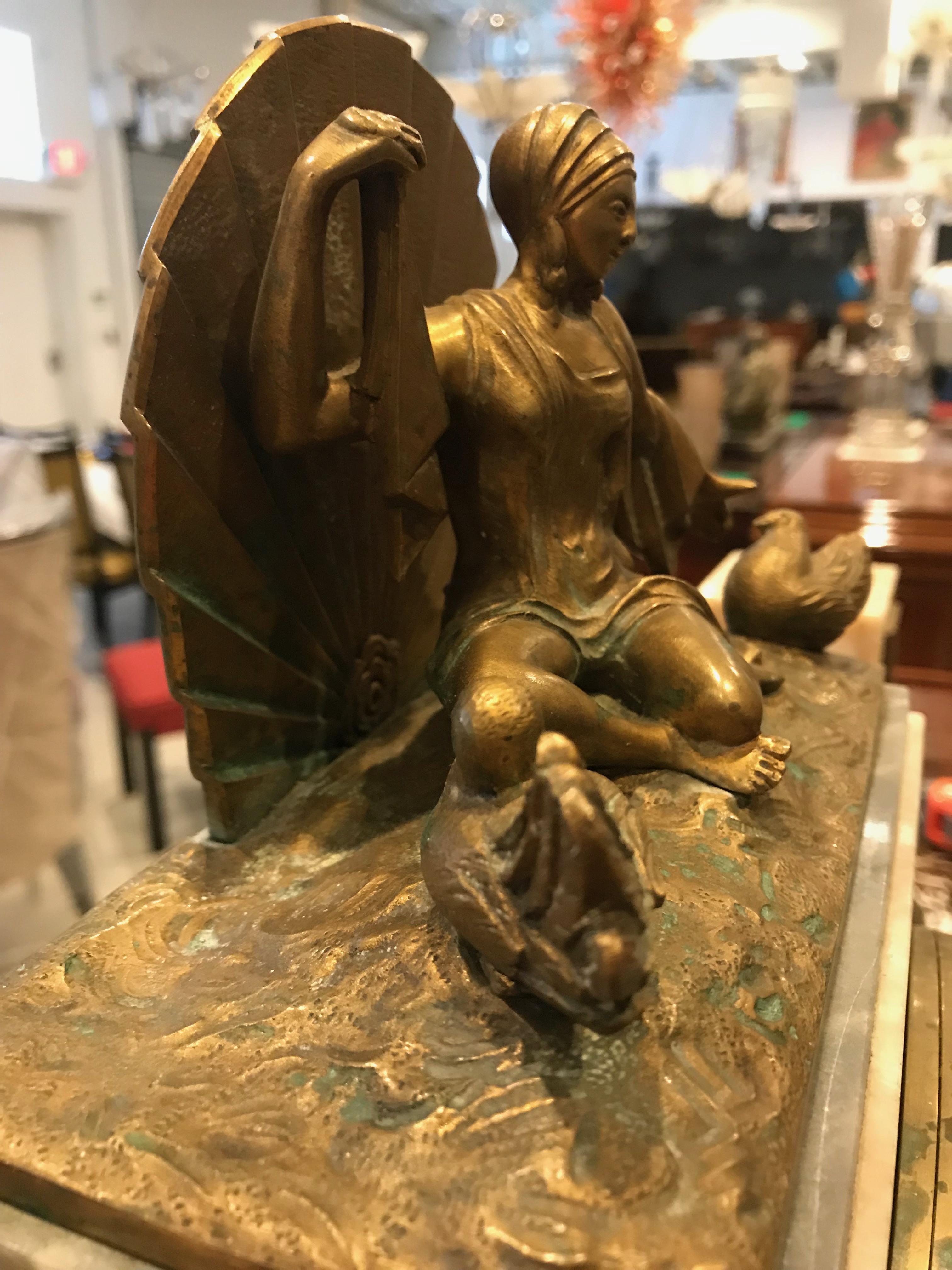 French Art Deco Three-Piece Female Sculpture Clock For Sale 3