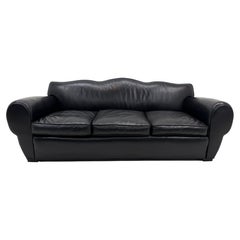French Art Deco Three Seat Sofa with "Moustache" Backrest in Black Leather.