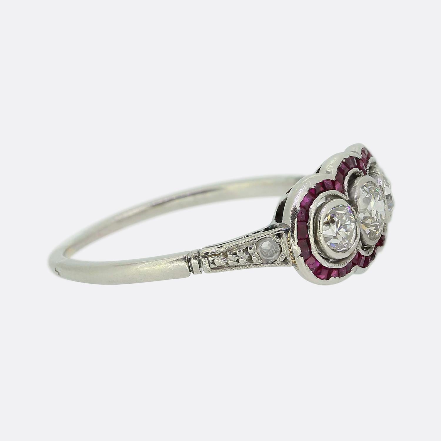 Old European Cut French Art Deco Three-Stone Diamond and Ruby Ring For Sale