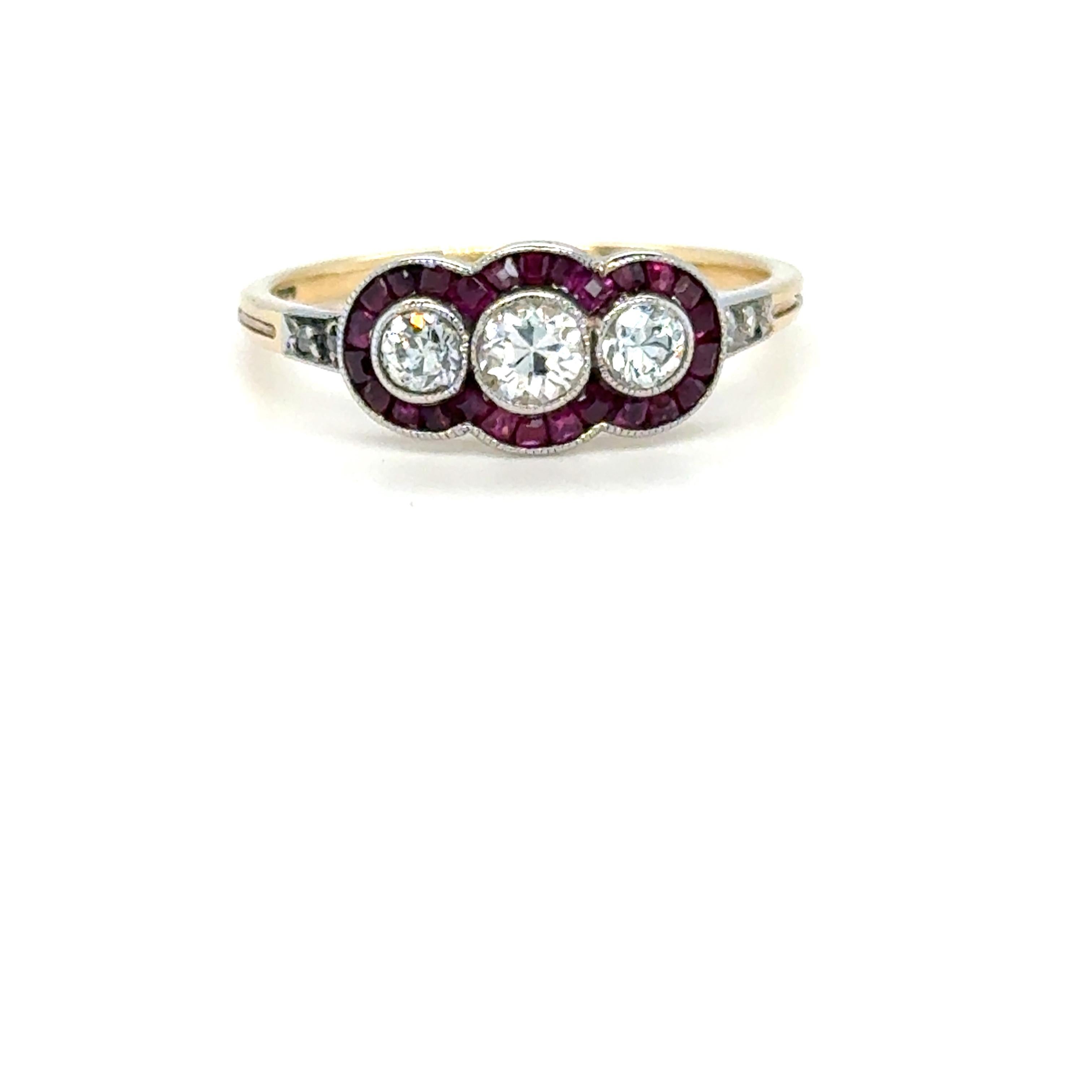 French Art Deco Three-Stone Diamond and Ruby Ring Platinum & Yellow Gold For Sale 10