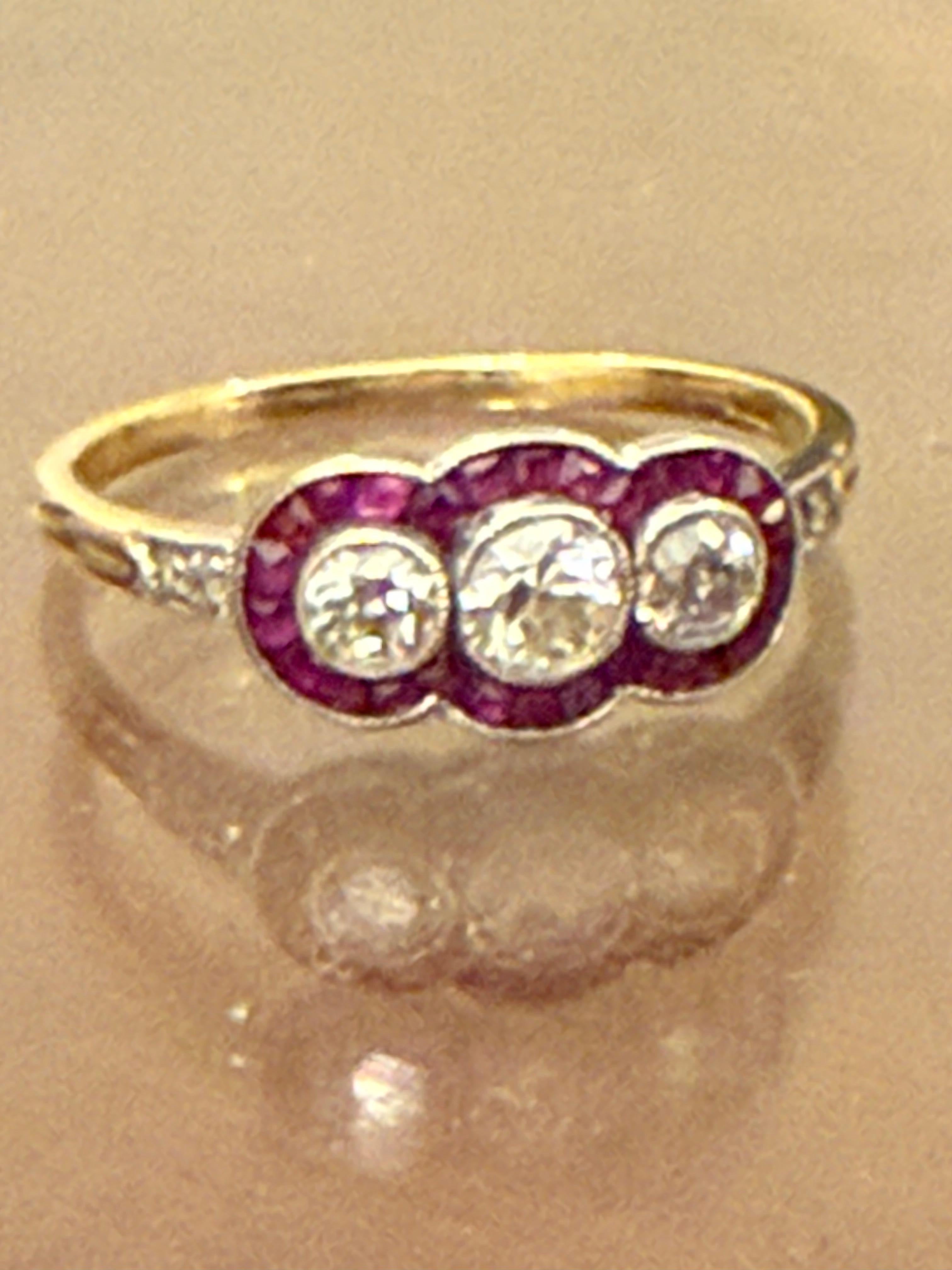 French Art Deco Three-Stone Diamond and Ruby Ring Platinum & Yellow Gold For Sale 13