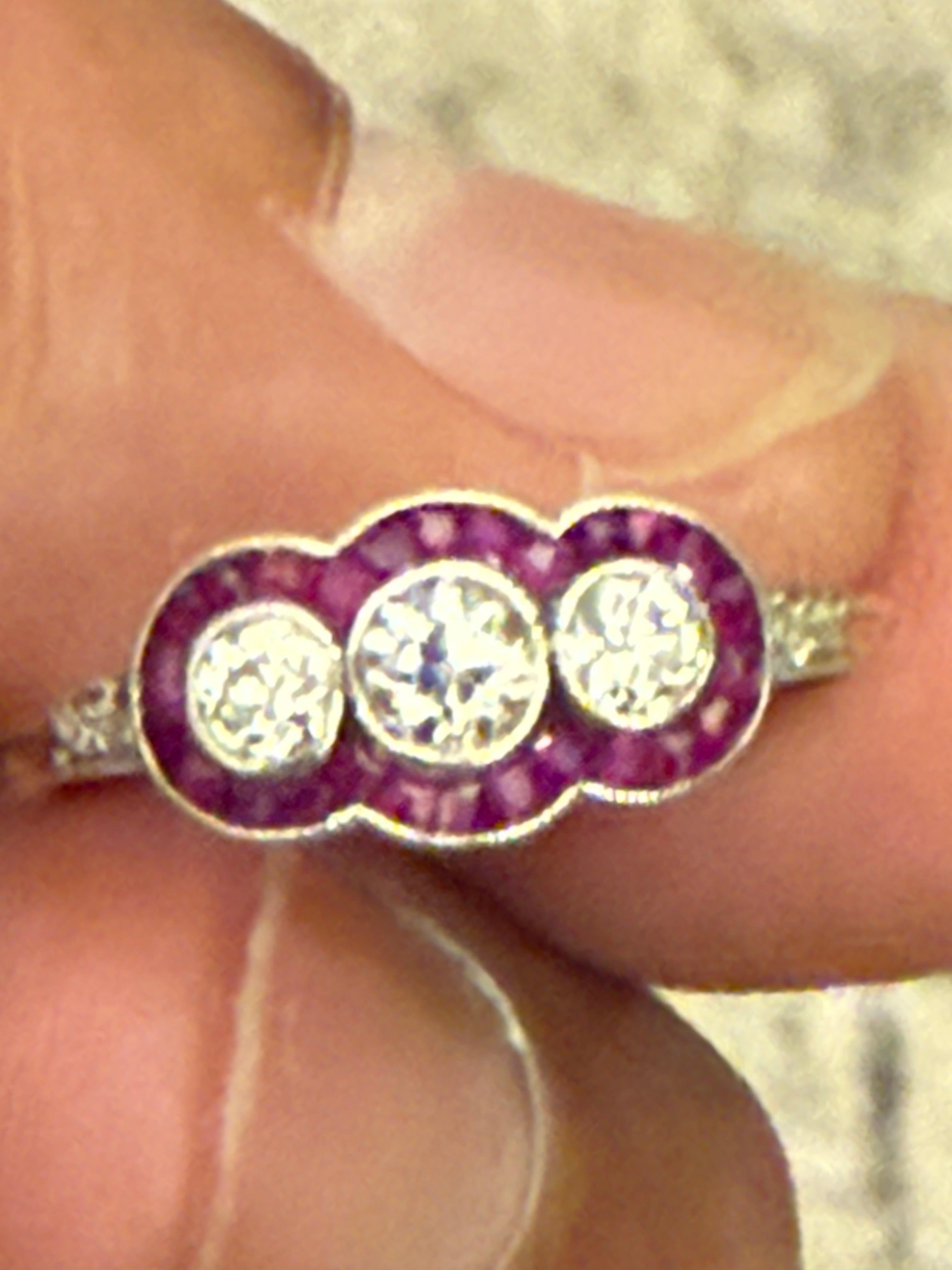 French Art Deco Three-Stone Diamond and Ruby Ring Platinum & Yellow Gold For Sale 15