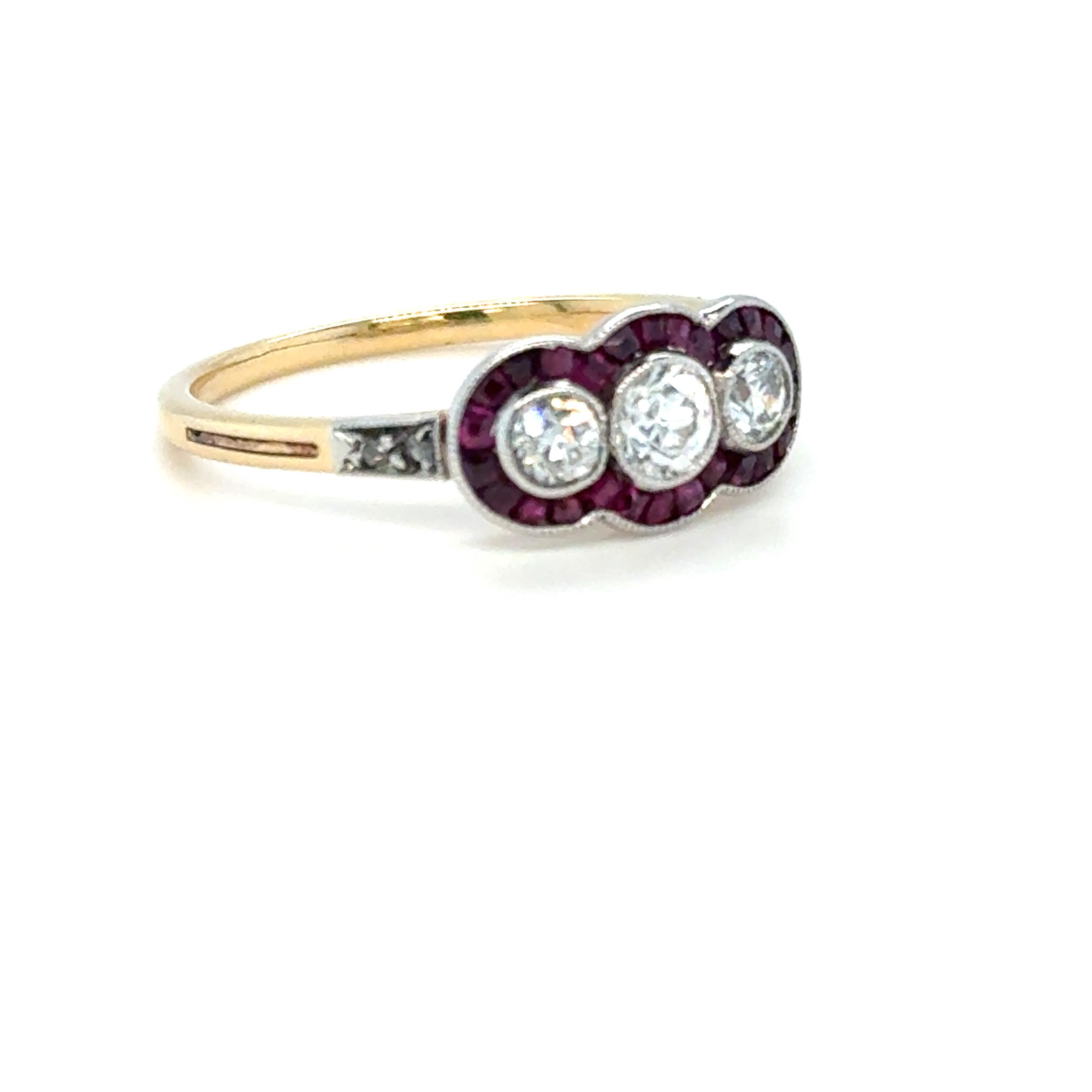 Round Cut French Art Deco Three-Stone Diamond and Ruby Ring Platinum & Yellow Gold For Sale