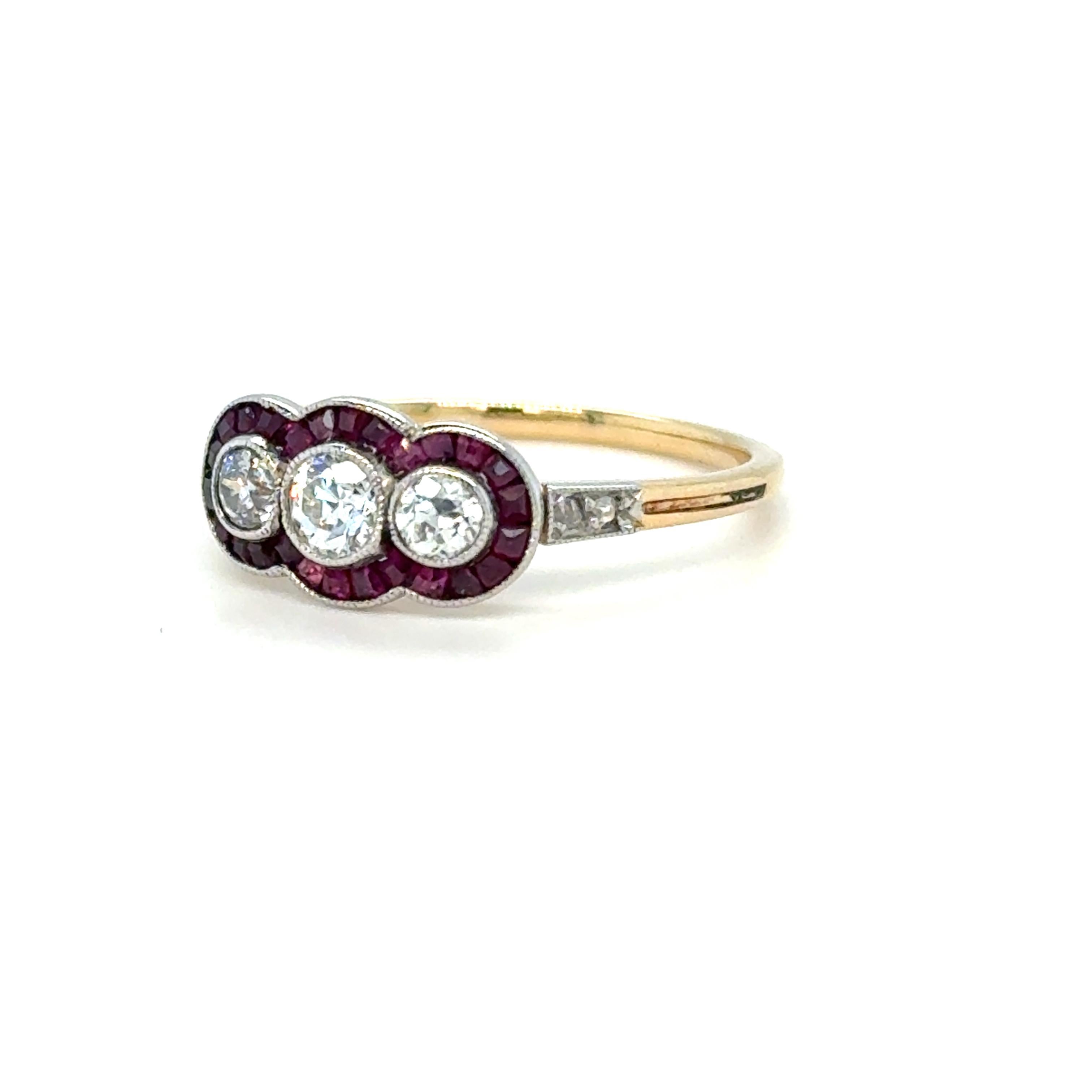Women's French Art Deco Three-Stone Diamond and Ruby Ring Platinum & Yellow Gold For Sale
