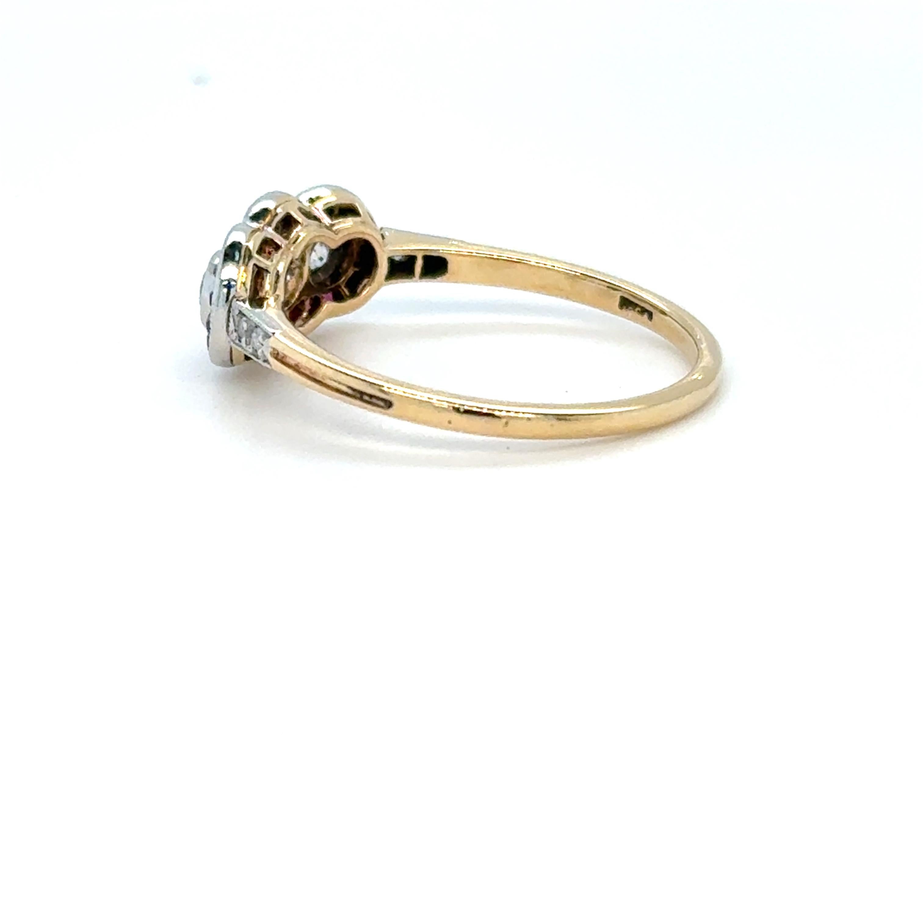 French Art Deco Three-Stone Diamond and Ruby Ring Platinum & Yellow Gold For Sale 1