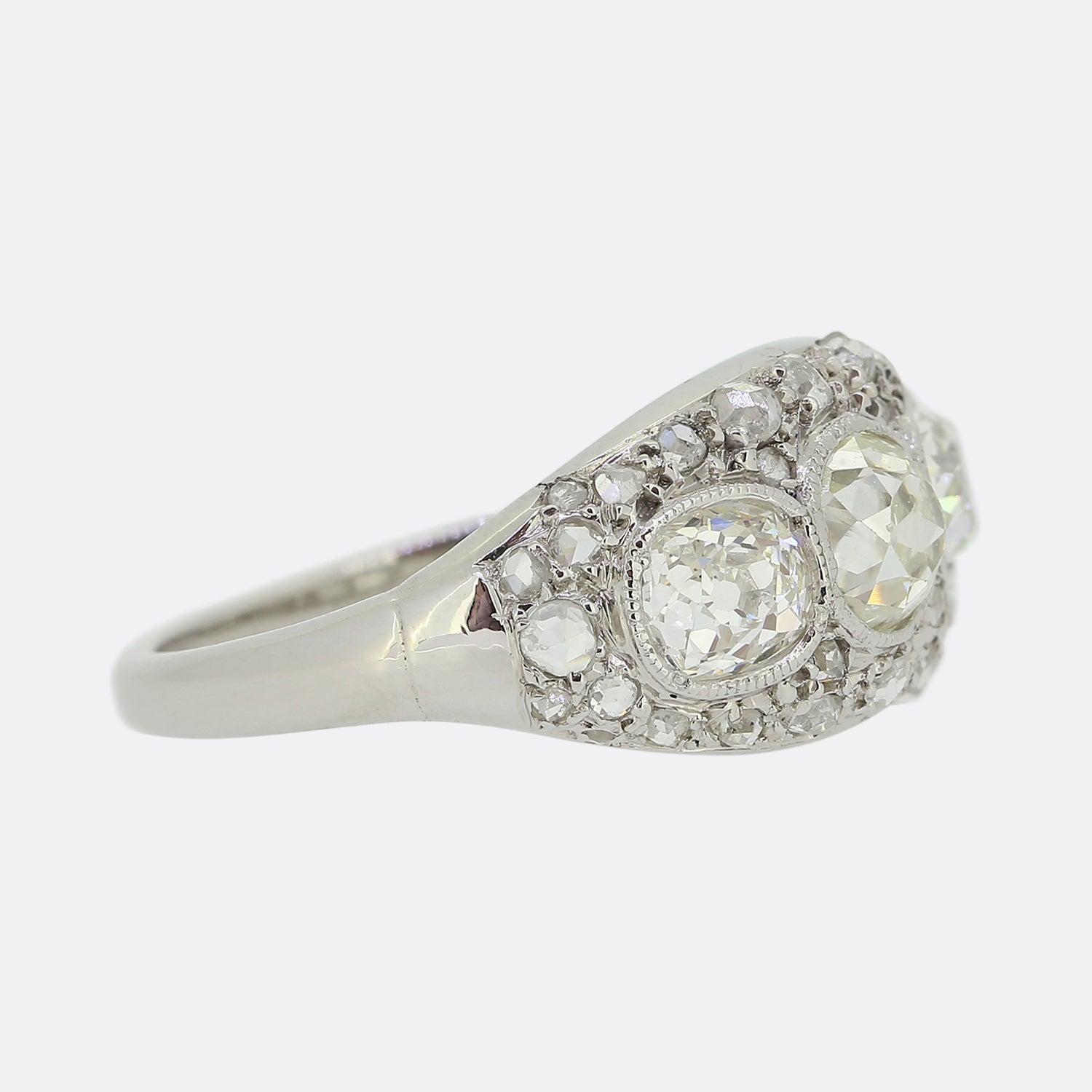 Old Mine Cut French Art Deco Three-Stone Diamond Ring For Sale