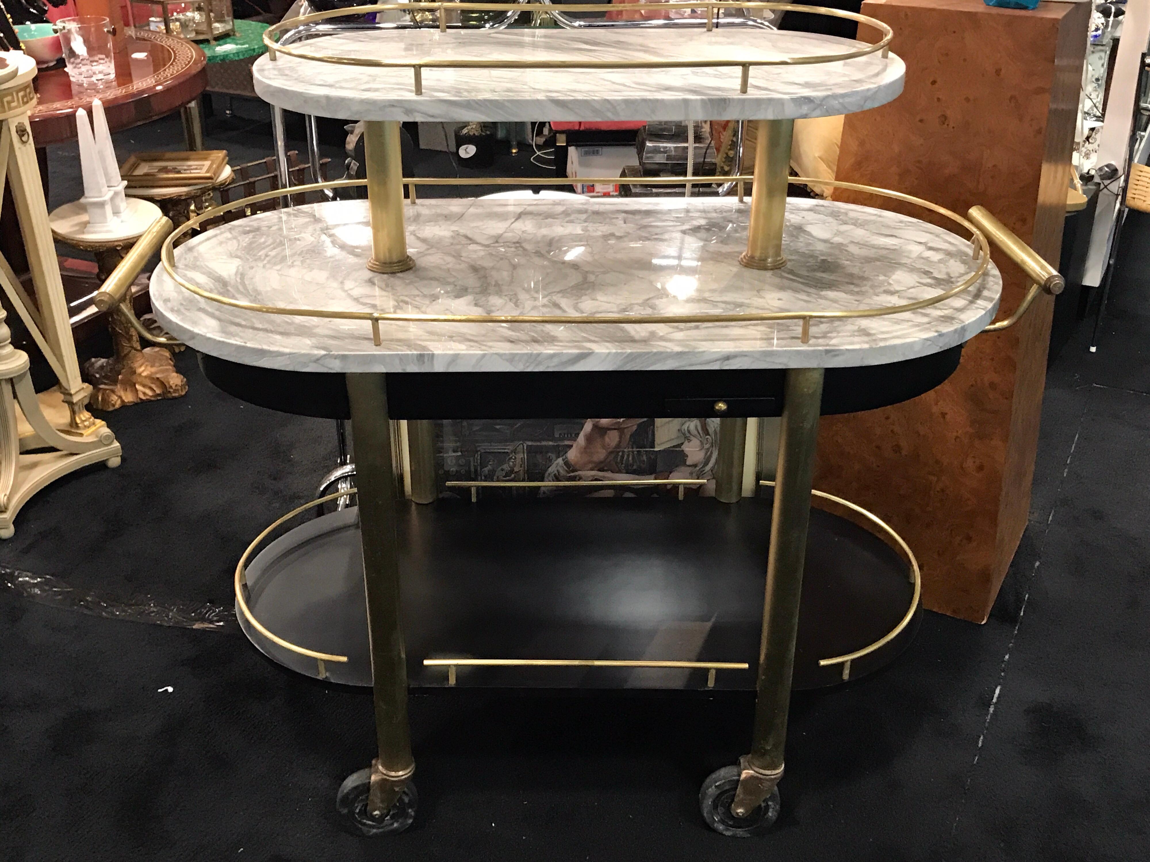 French Art Deco Three-Tier Brass and Carrera Marble Bistro Cart For Sale 4