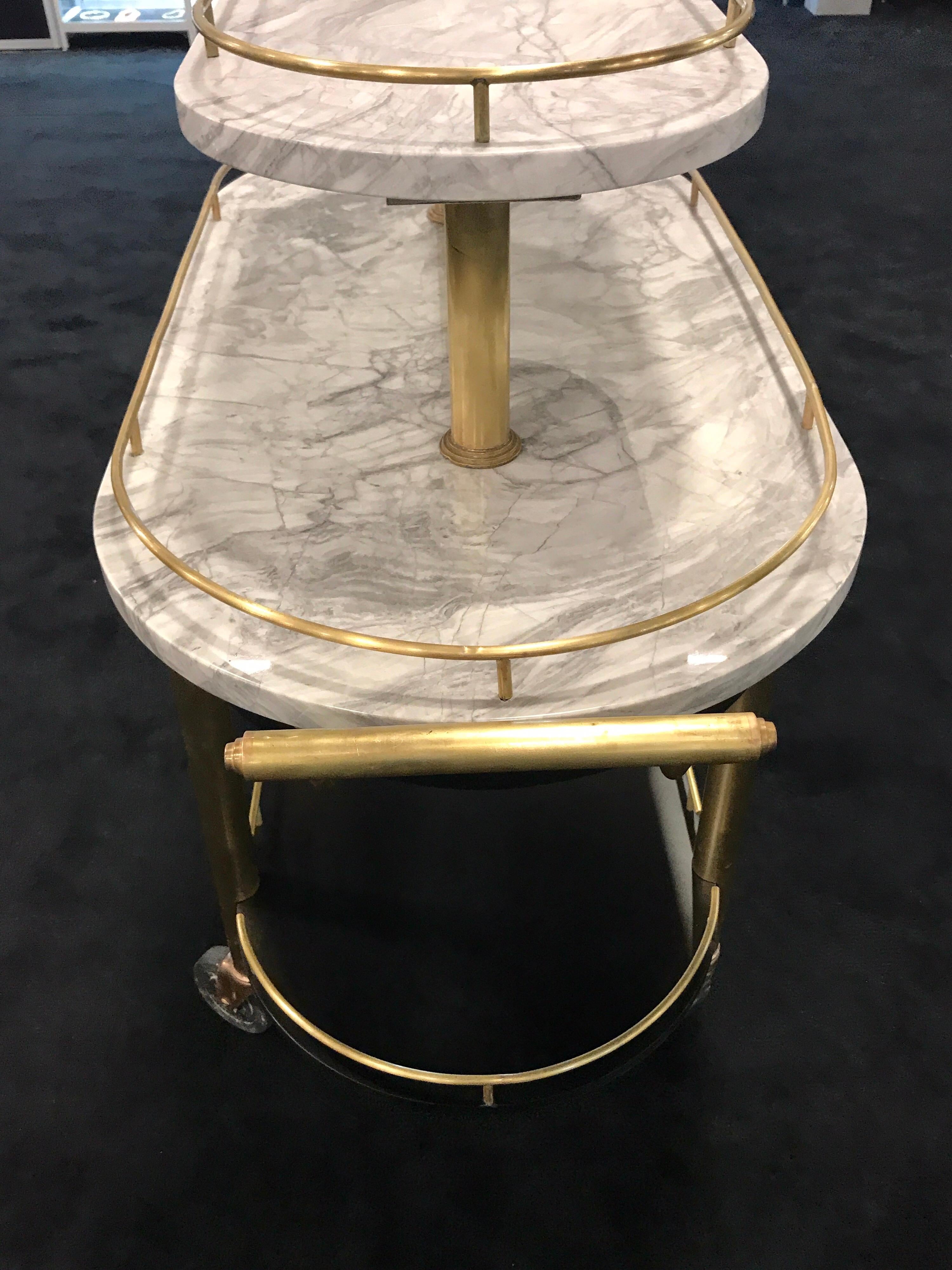 French Art Deco Three-Tier Brass and Carrera Marble Bistro Cart For Sale 2