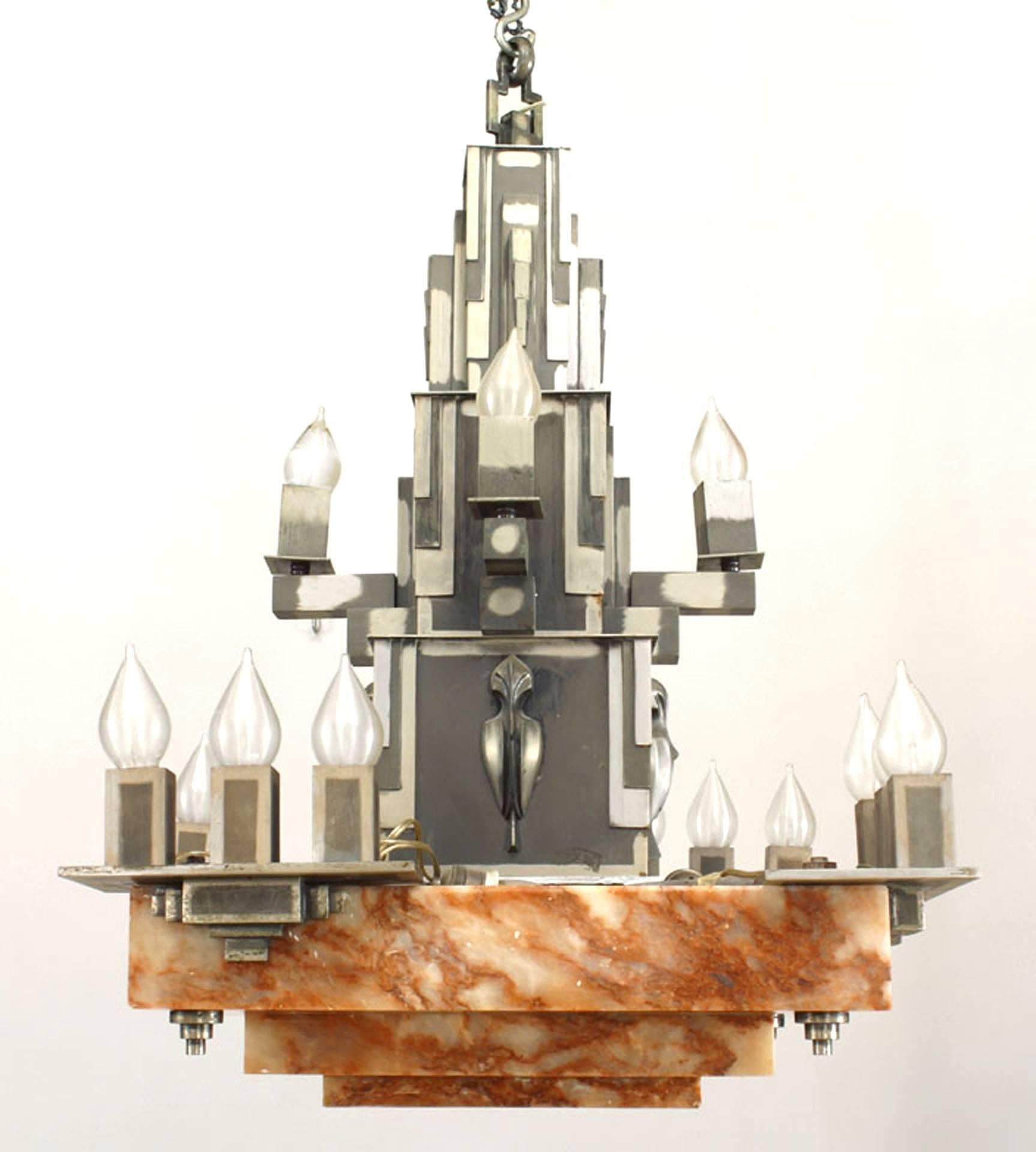 French Art Deco 16 light chandelier with a 3 tiered square marble base supporting a 3 tiered steel geometric upper section.
