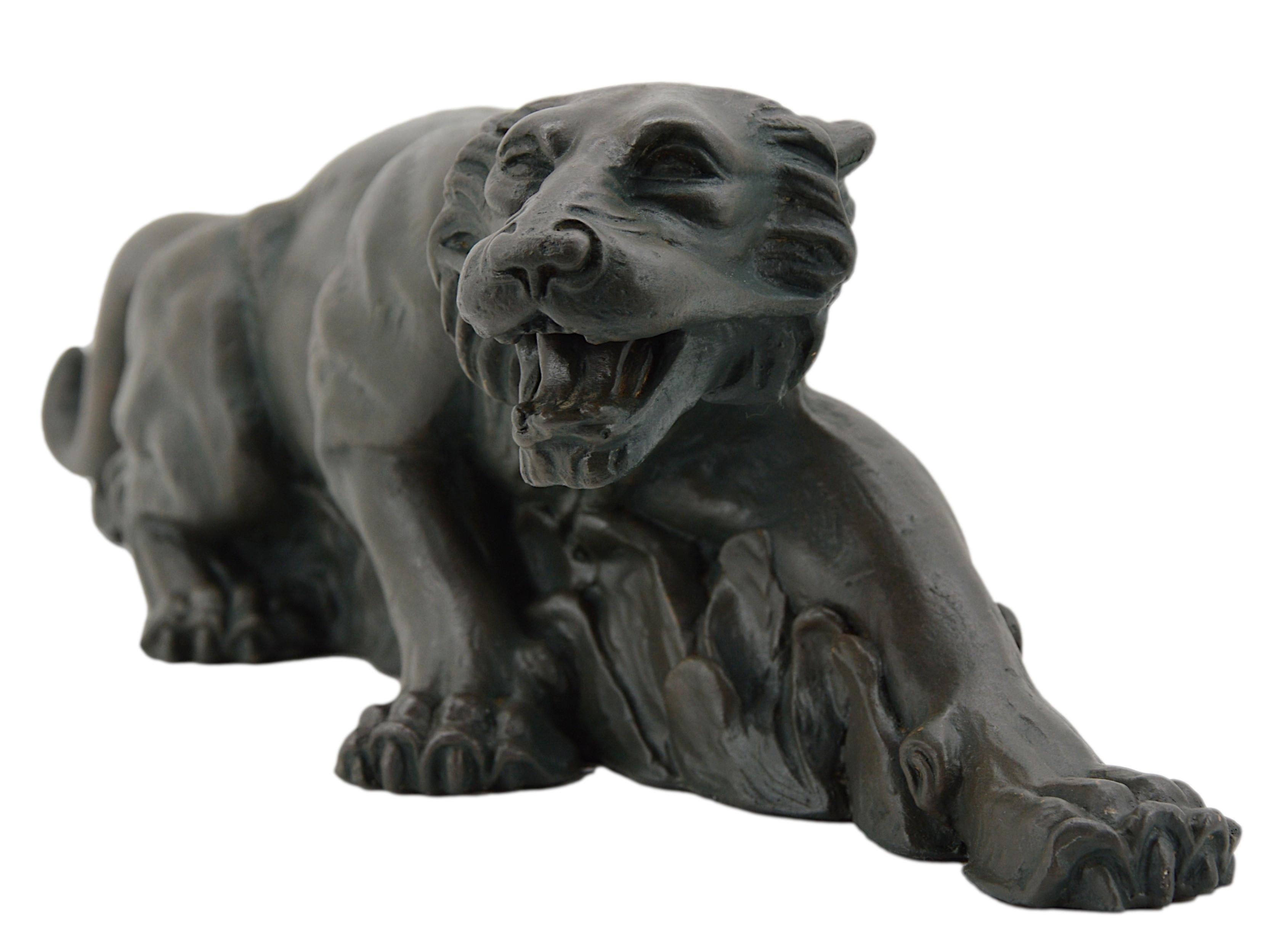 Mid-20th Century French Art Deco Tiger on the Prowl Sculpture, 1930s For Sale