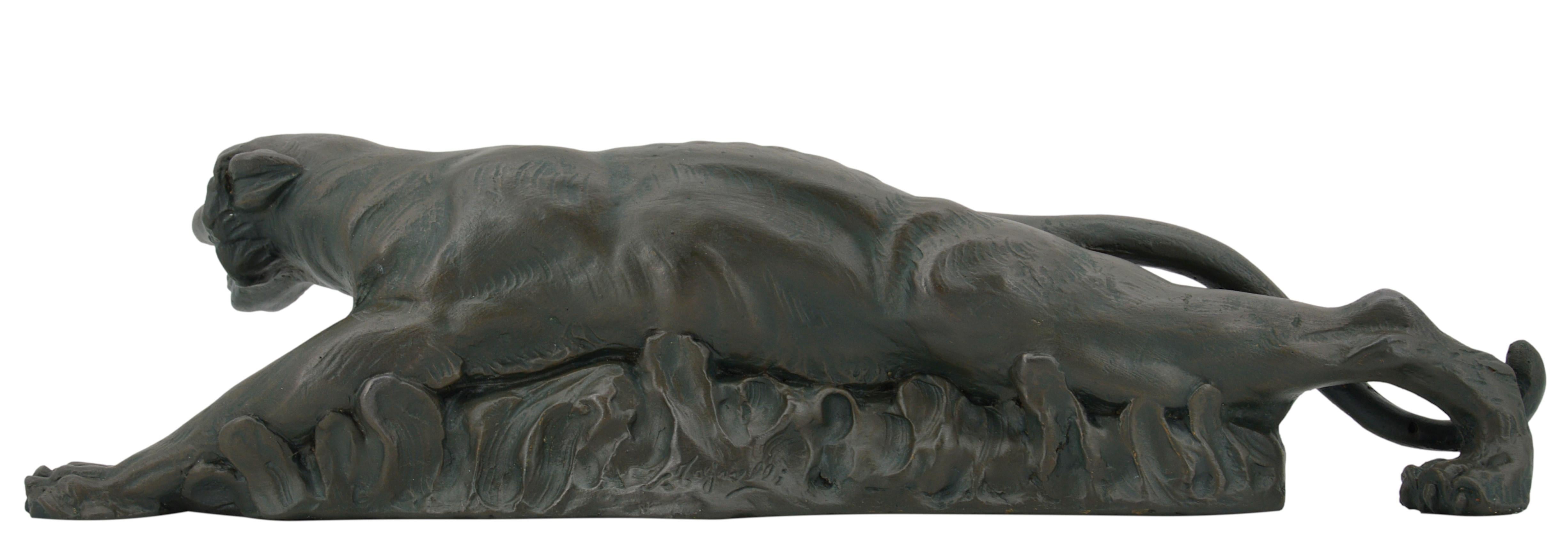 Plaster French Art Deco Tiger on the Prowl Sculpture, 1930s For Sale