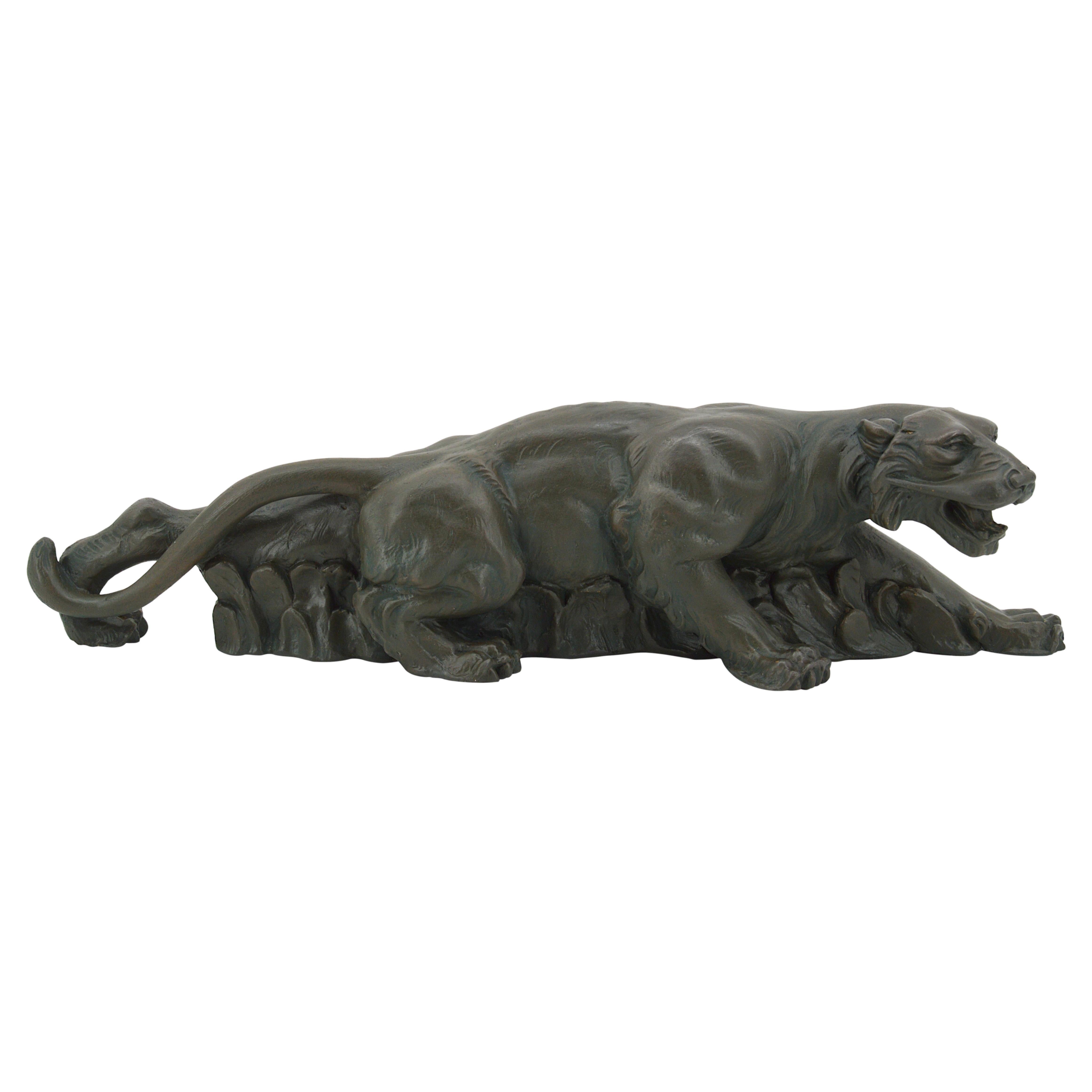 French Art Deco Tiger on the Prowl Sculpture, 1930s For Sale
