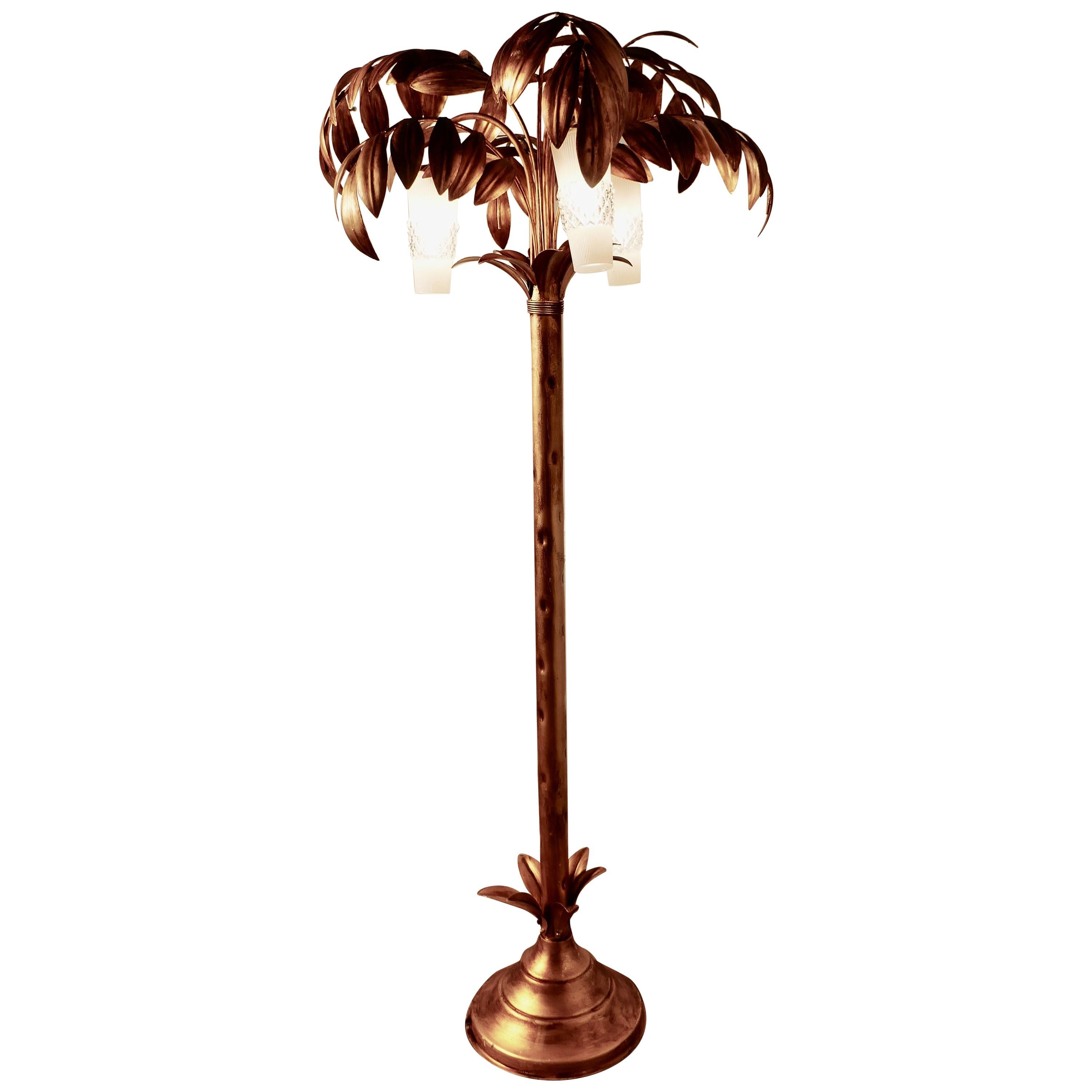 French Art Deco Gold Palm Leaf Toleware Floor Lamp For Sale
