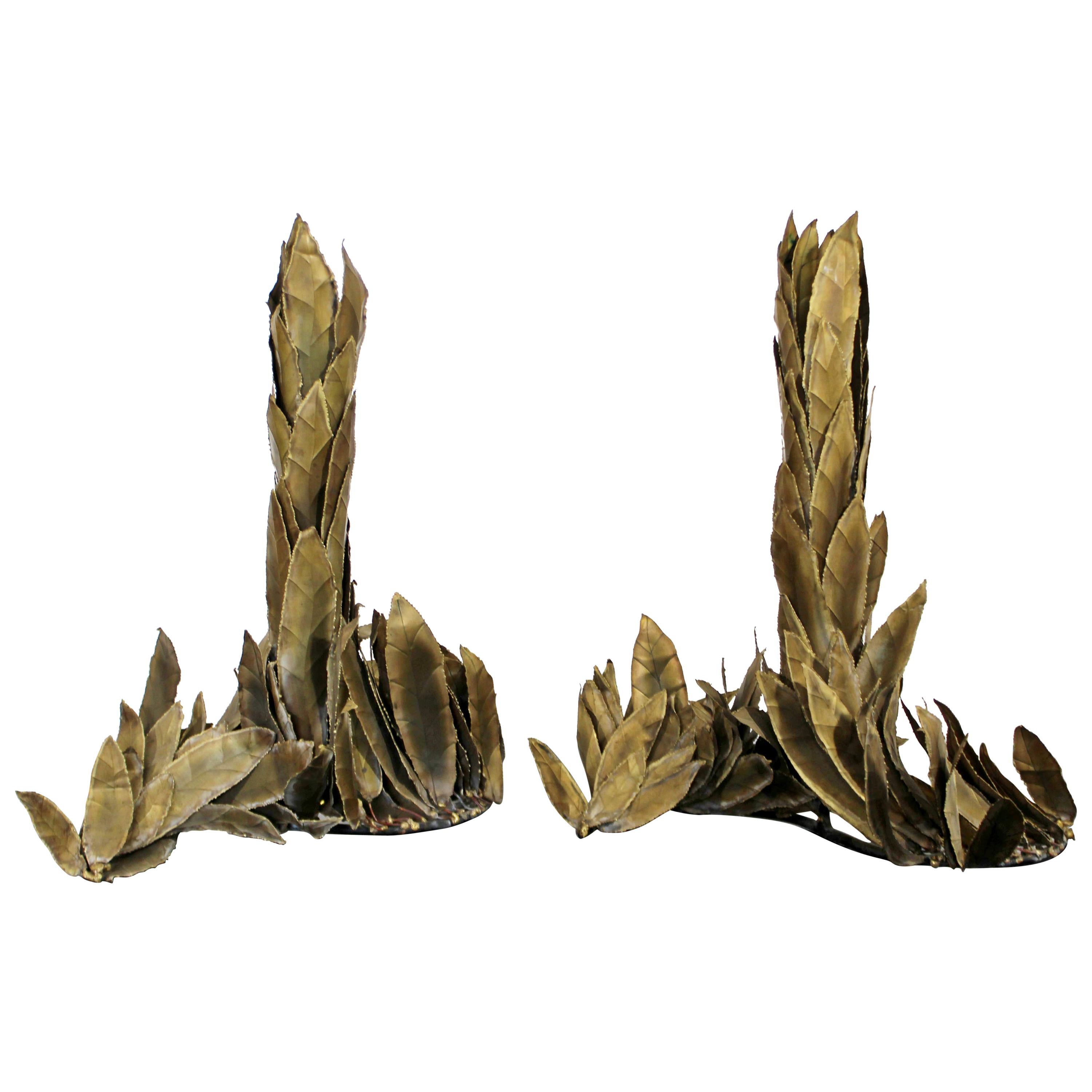 French Art Deco Torch Cut Brass Leaf Motif Pair of Table Sculptures