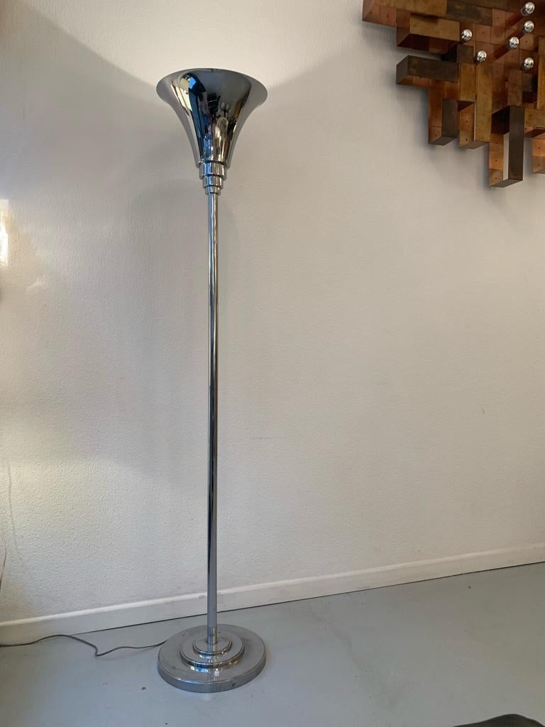 French Art Deco torchiere floor lamp, chrome, ca 1940s.
  