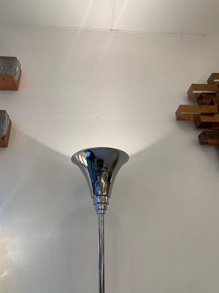 French Art Deco Torchiere Chrome Floor Lamp, ca. 1940s In Good Condition In Geneva, CH