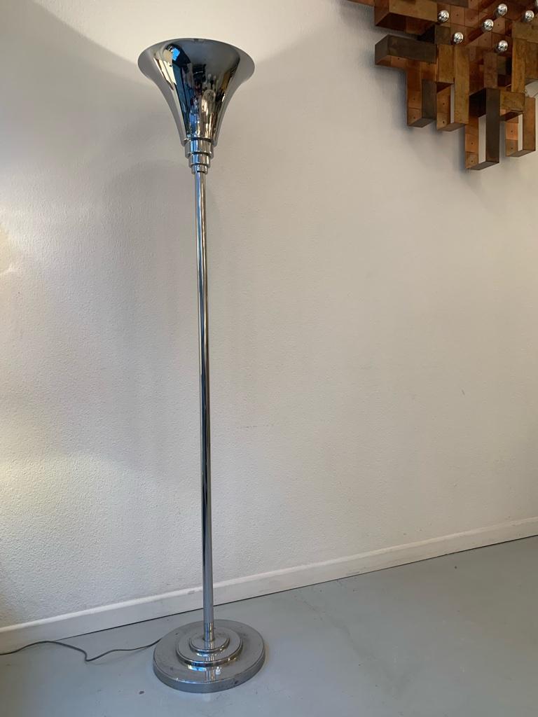 Mid-20th Century French Art Deco Torchiere Chrome Floor Lamp, ca. 1940s