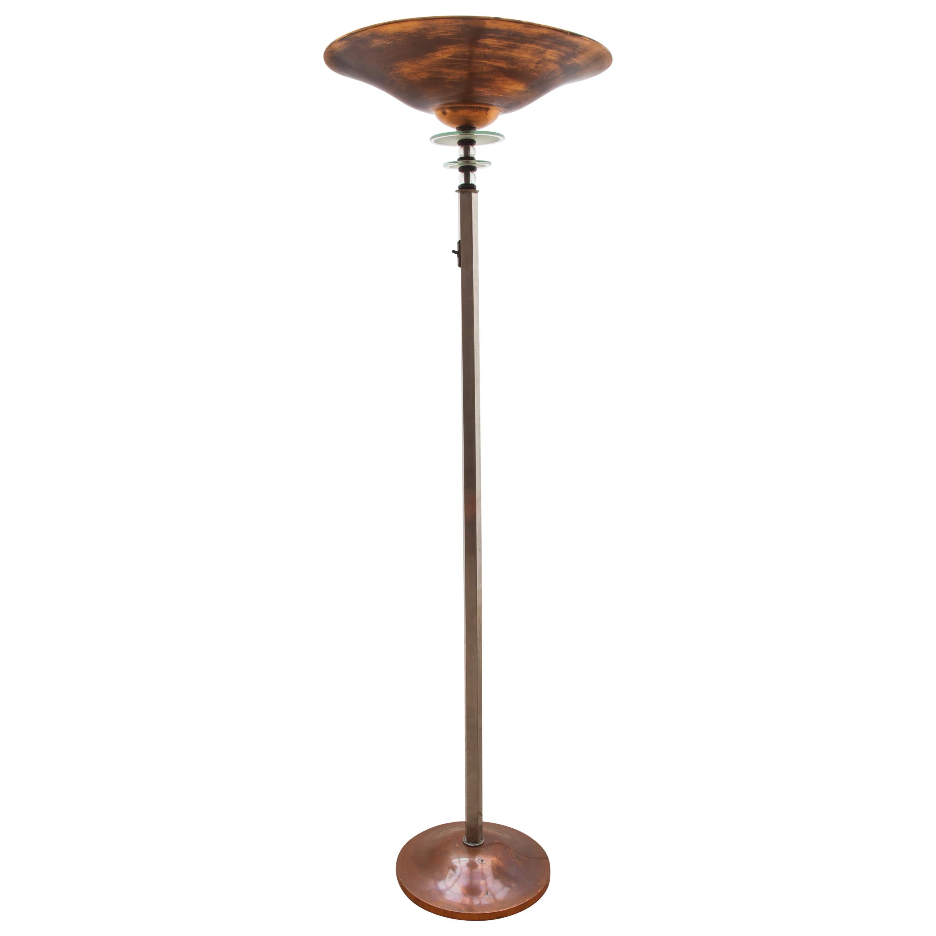 French Art Deco Torchiere Floor Lamp with Brass and Glass, 1920s
