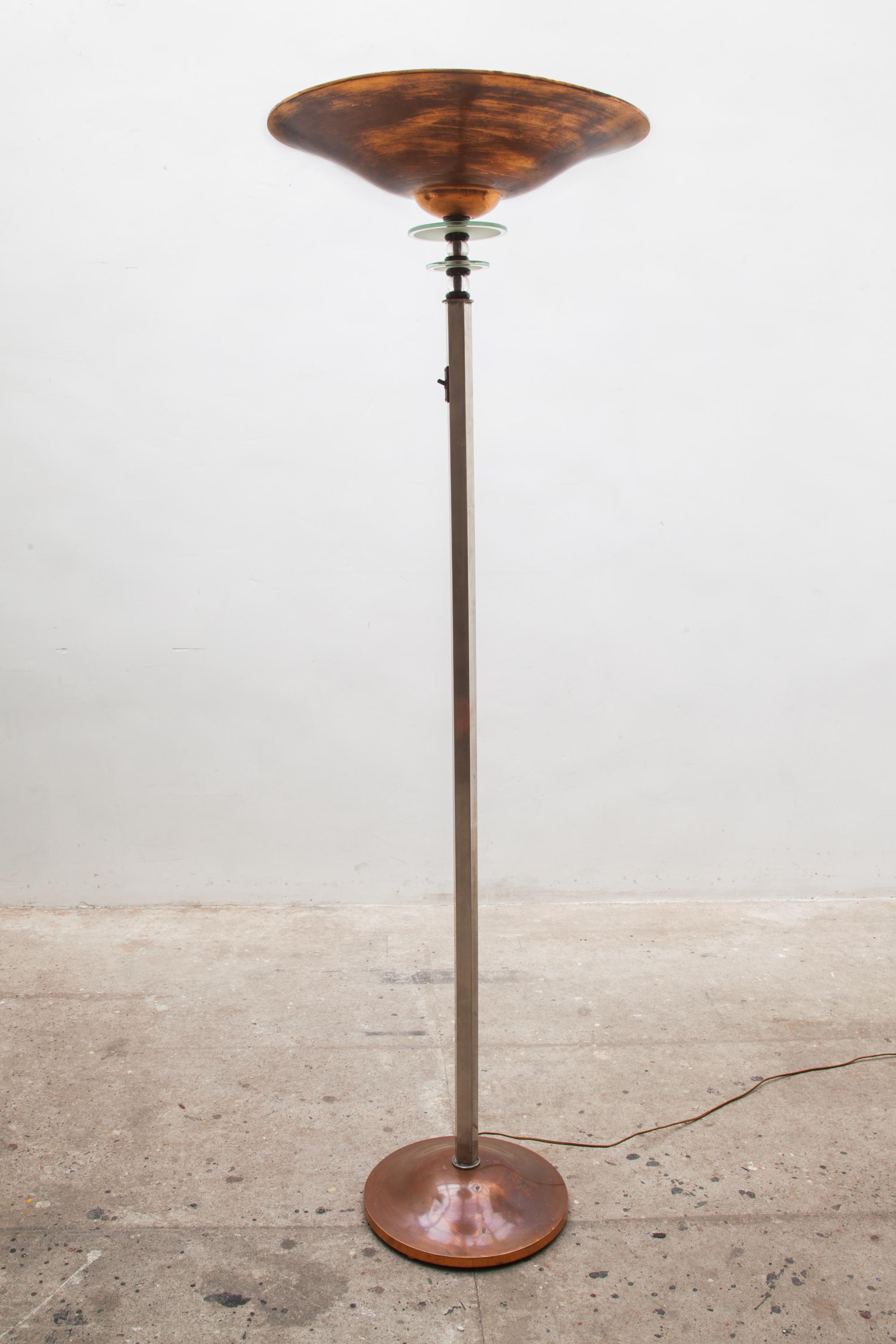 French Art Deco Torchiere Floor Lamp with Brass and Glass, 1920s In Good Condition In Antwerp, BE