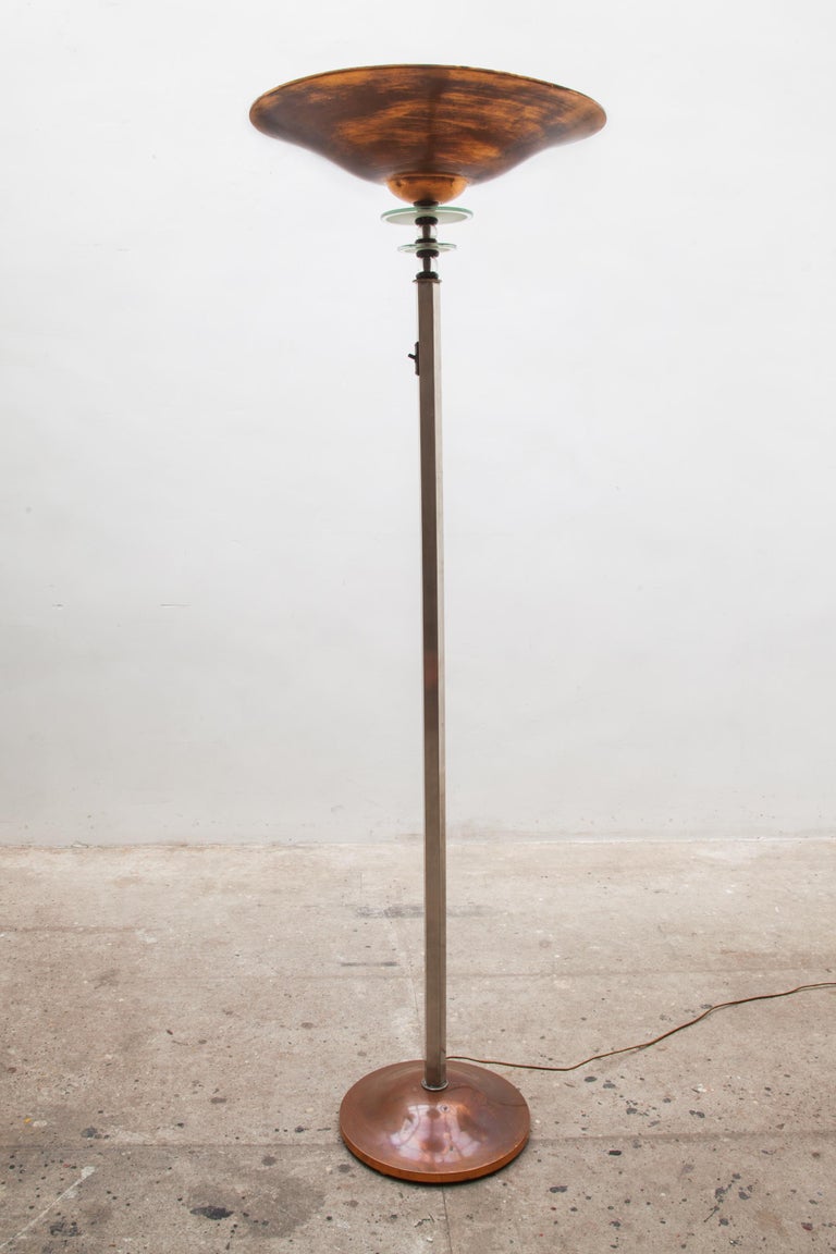 French Art Deco Torchiere Floor Lamp with Brass and Glass, 1920s For